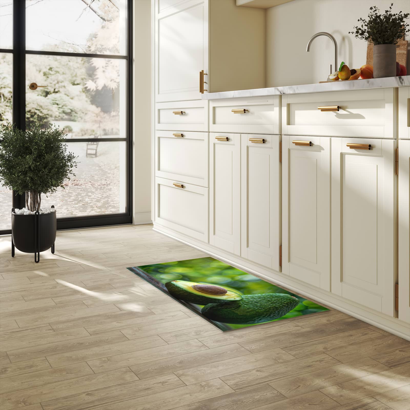 Langlebiger rutschfester Küchenläufer mit Motiv Avocado Anschnitt in heller Küche