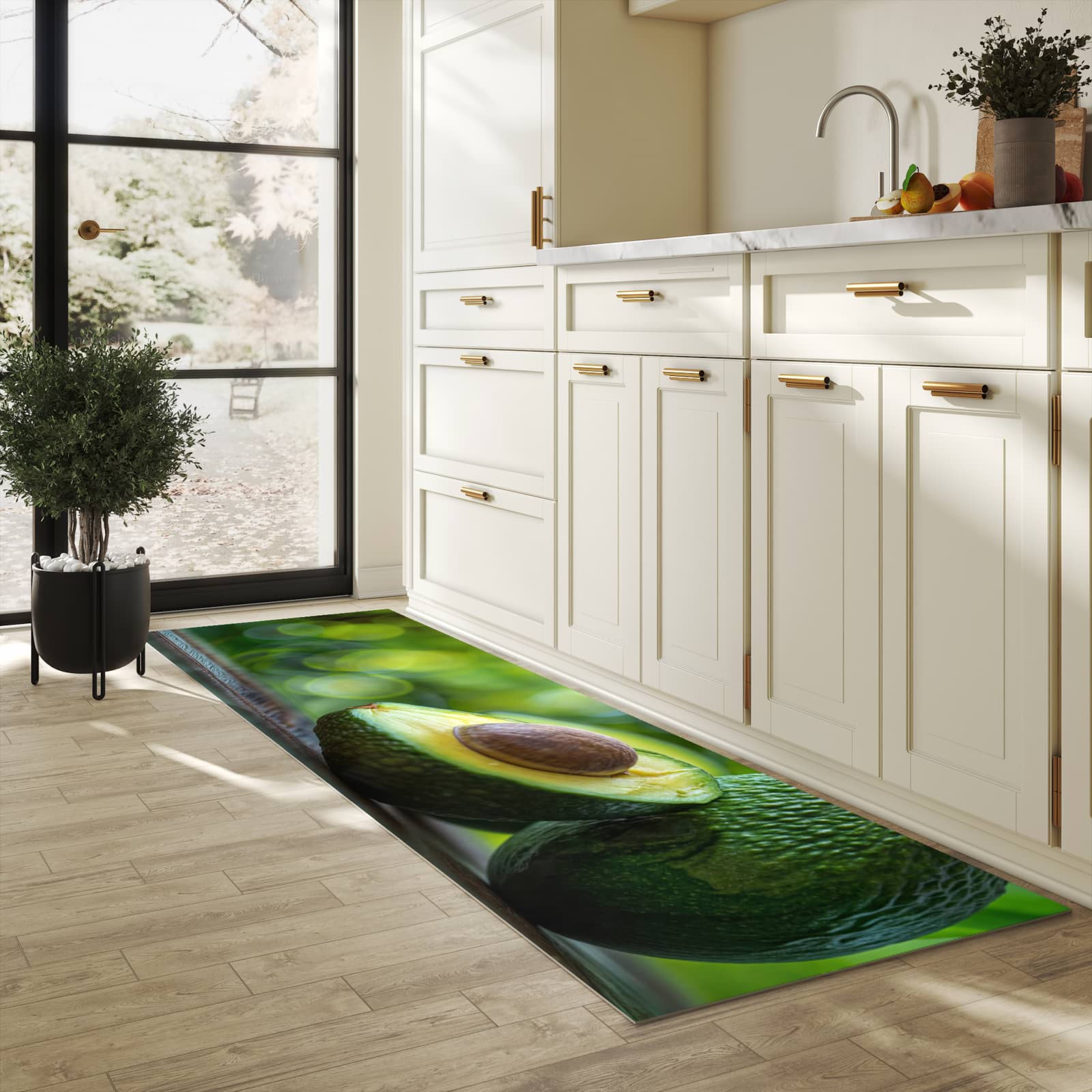 Abwaschbarer Küchenteppich mit Motiv Avocado Anschnitt in heller Küche