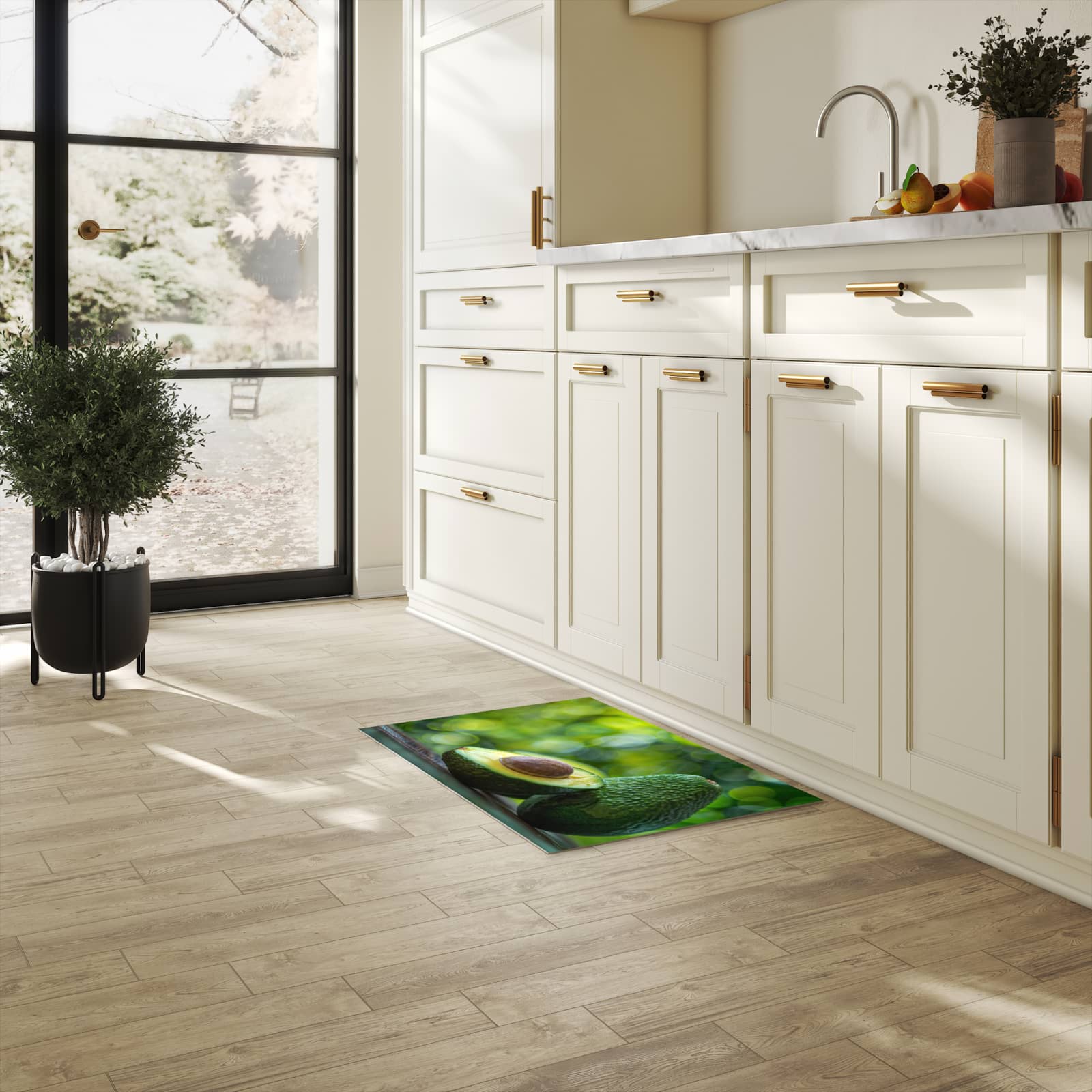 Waschbarer Küchenläufer mit Motiv Avocado Anschnitt in heller Küche für angenehme Haptik