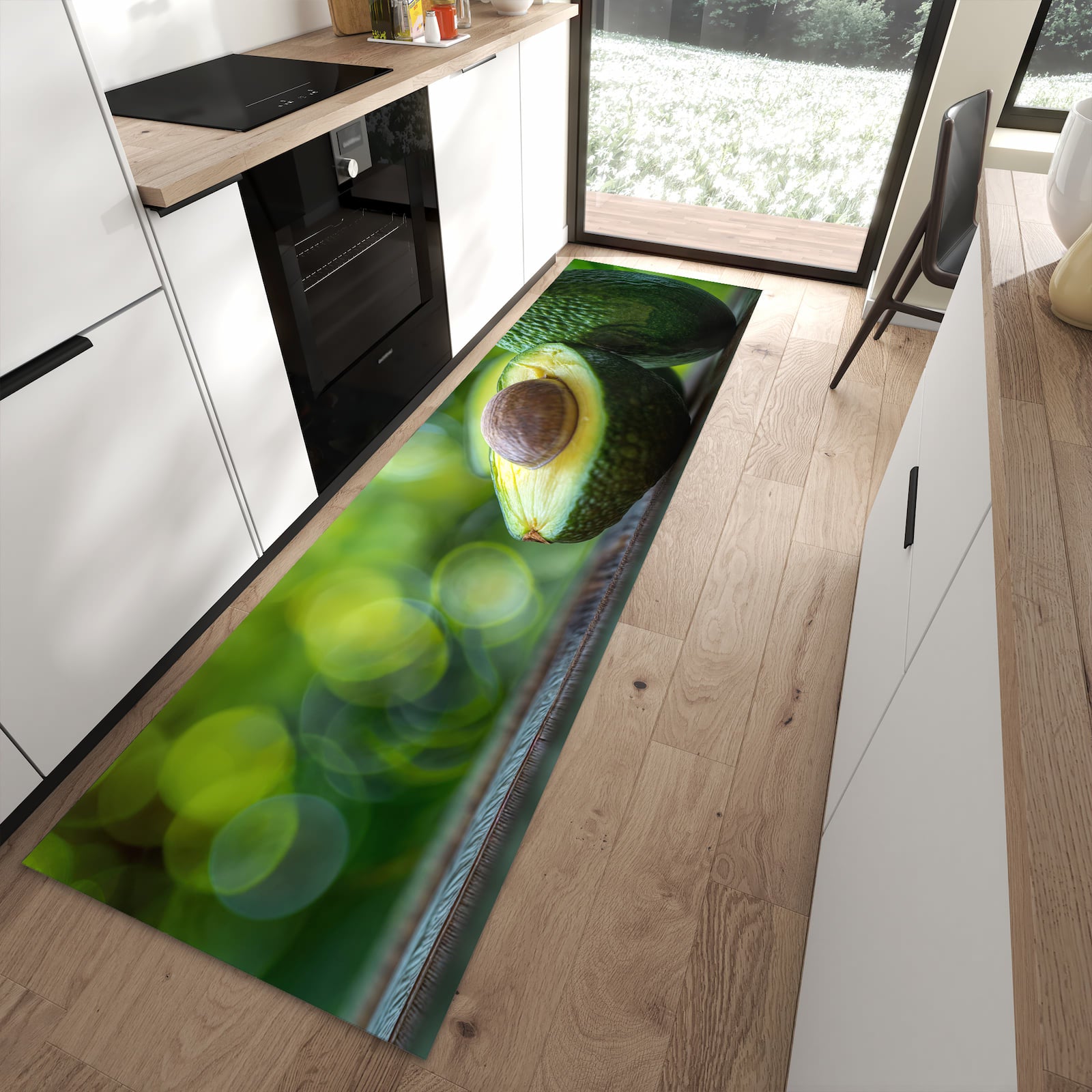 Strapazierfähiger Küchenvorleger mit Motiv Avocado Anschnitt in moderner Küche