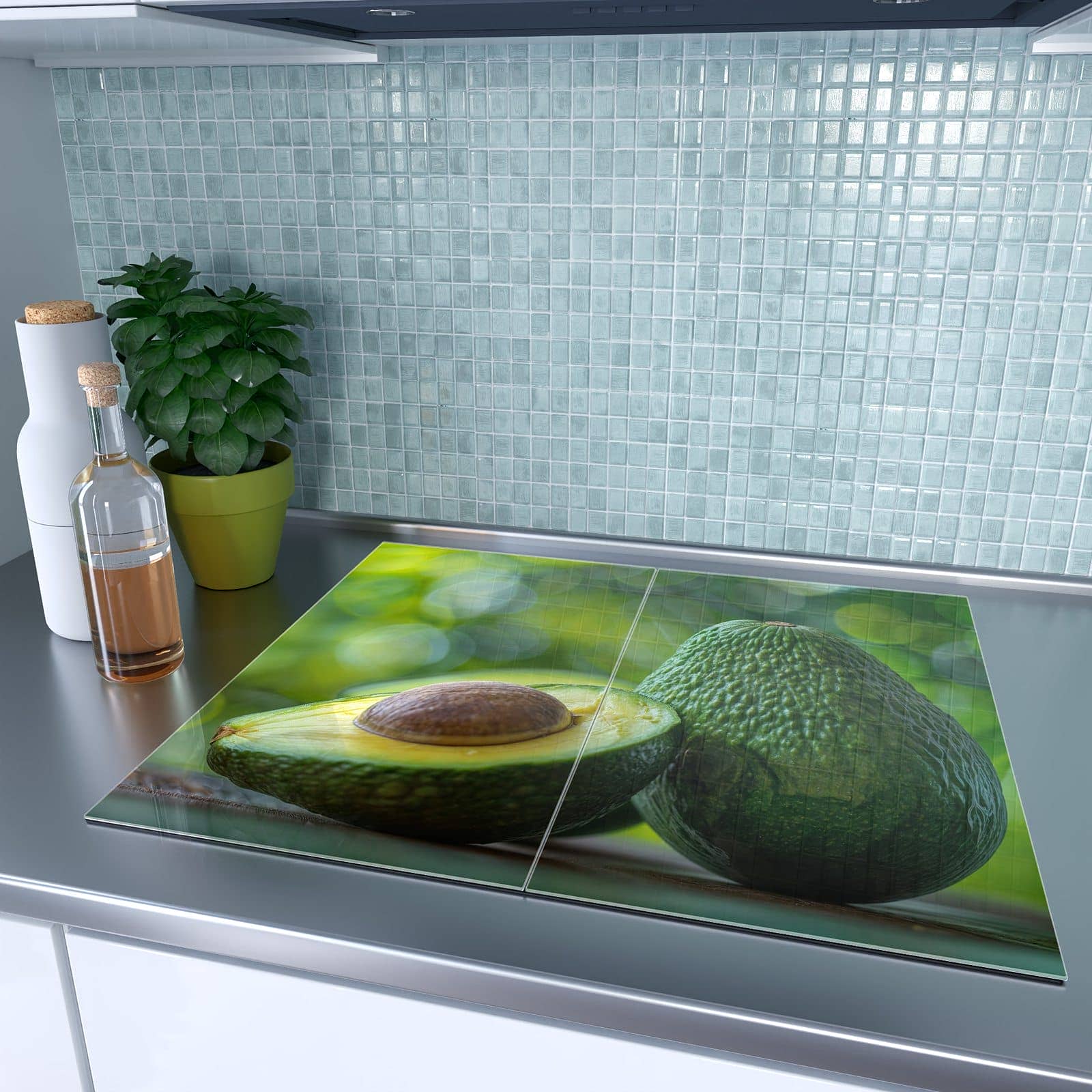 2-teilige Ceranfeld Abdeckungen mit Avocado Anschnitt-Motiv auf dem Ceranfeld