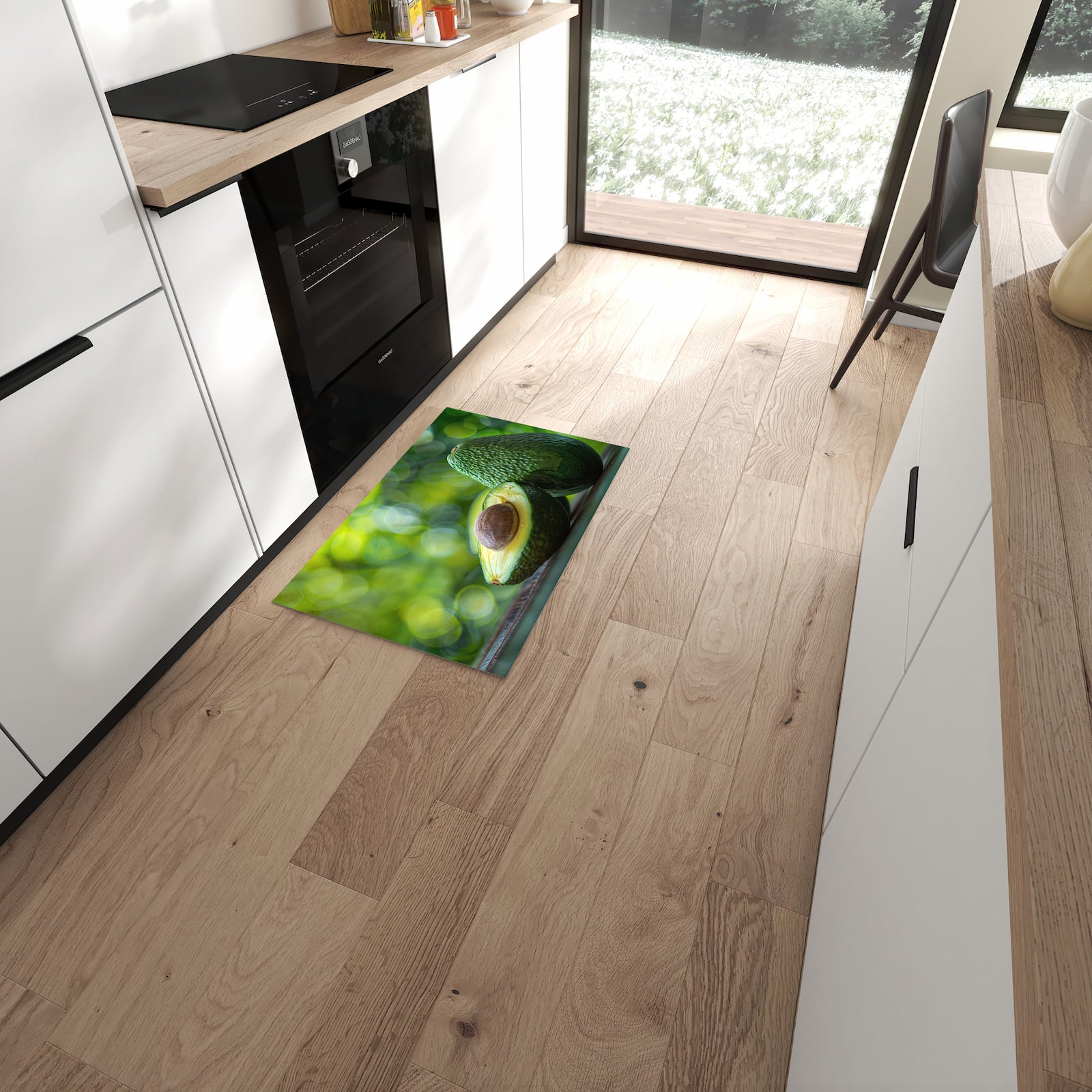 Pflegeleichter Küchenläufer mit Motiv Avocado Anschnitt in moderner Küche