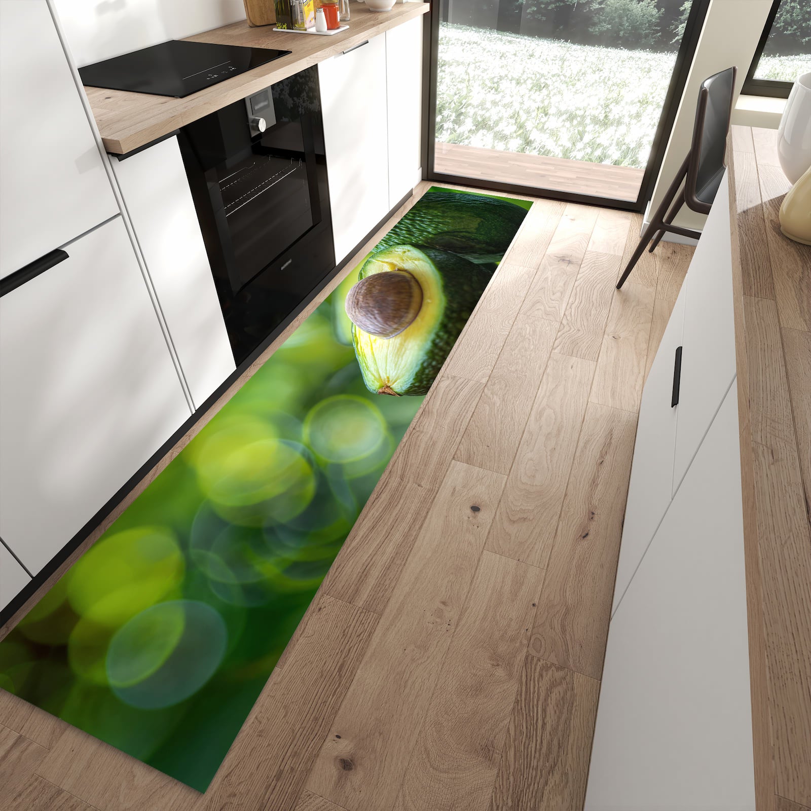 Rutschfester Küchenläufer mit Motiv Avocado Anschnitt in moderner Küche