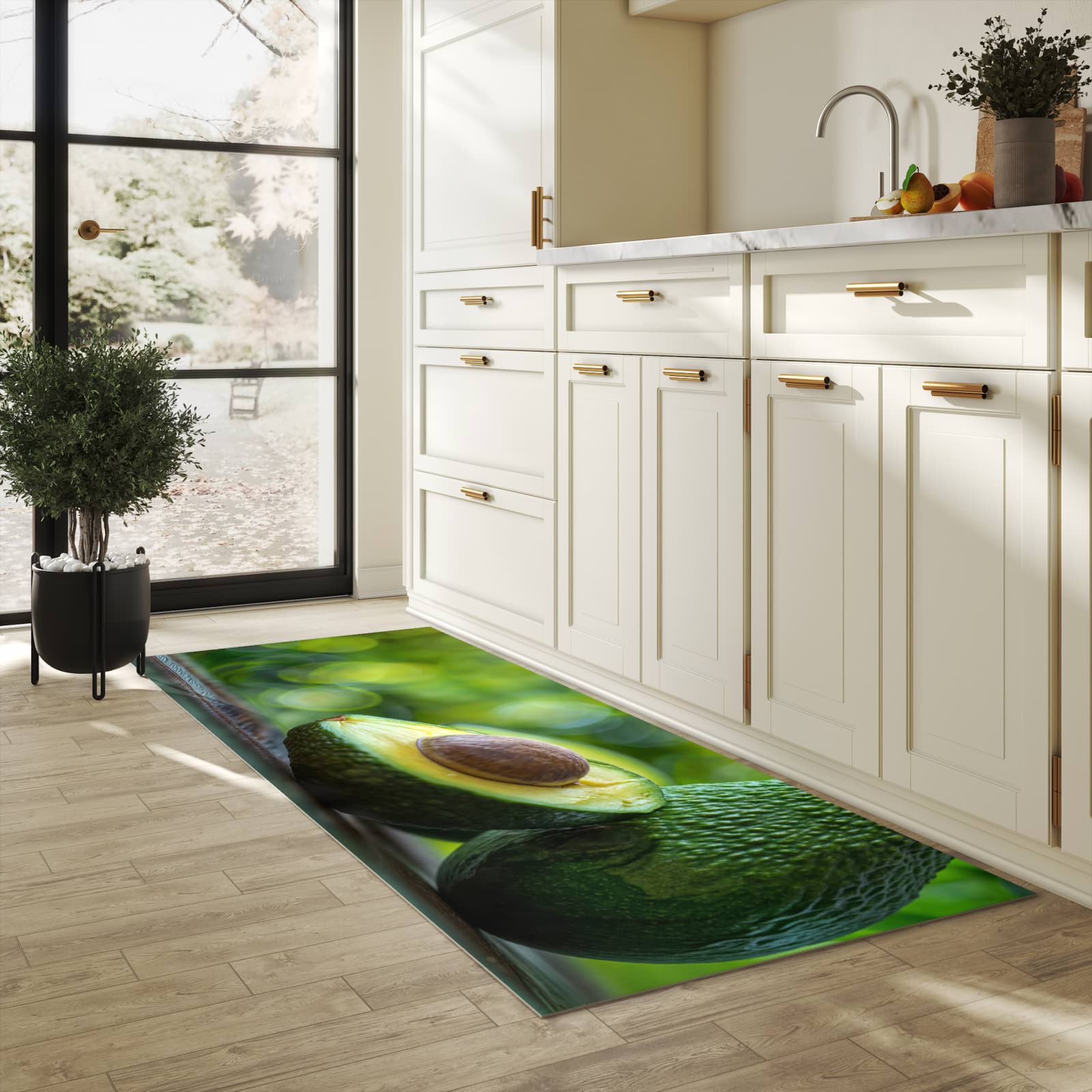 Feuchtigkeitsresistenter Teppich für Küche mit Motiv Avocado Anschnitt in heller Küche
