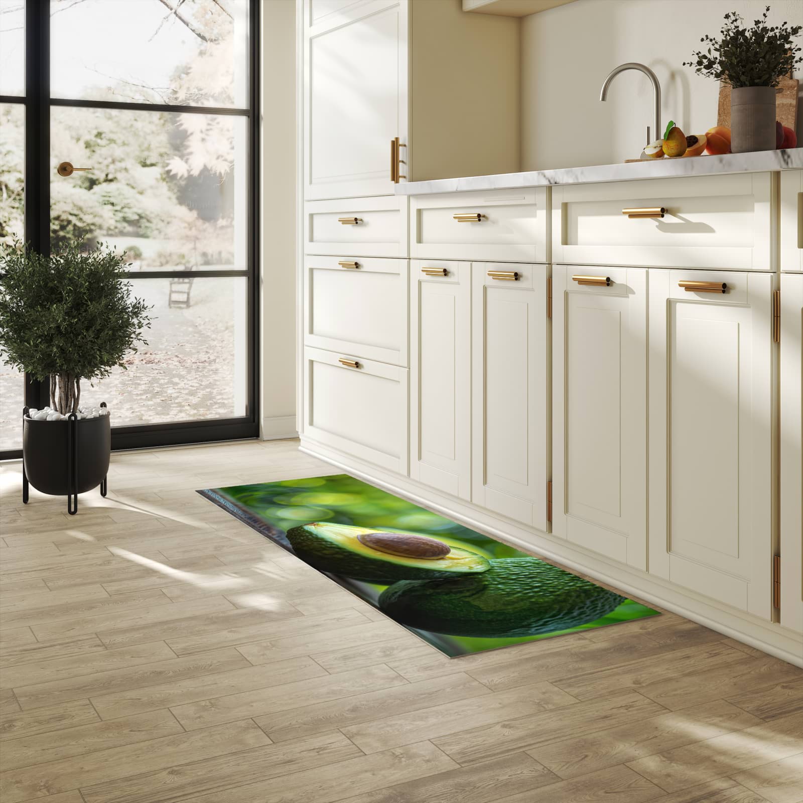 Pflegeleichter waschbarer Küchenläufer mit Motiv Avocado Anschnitt in heller Küche