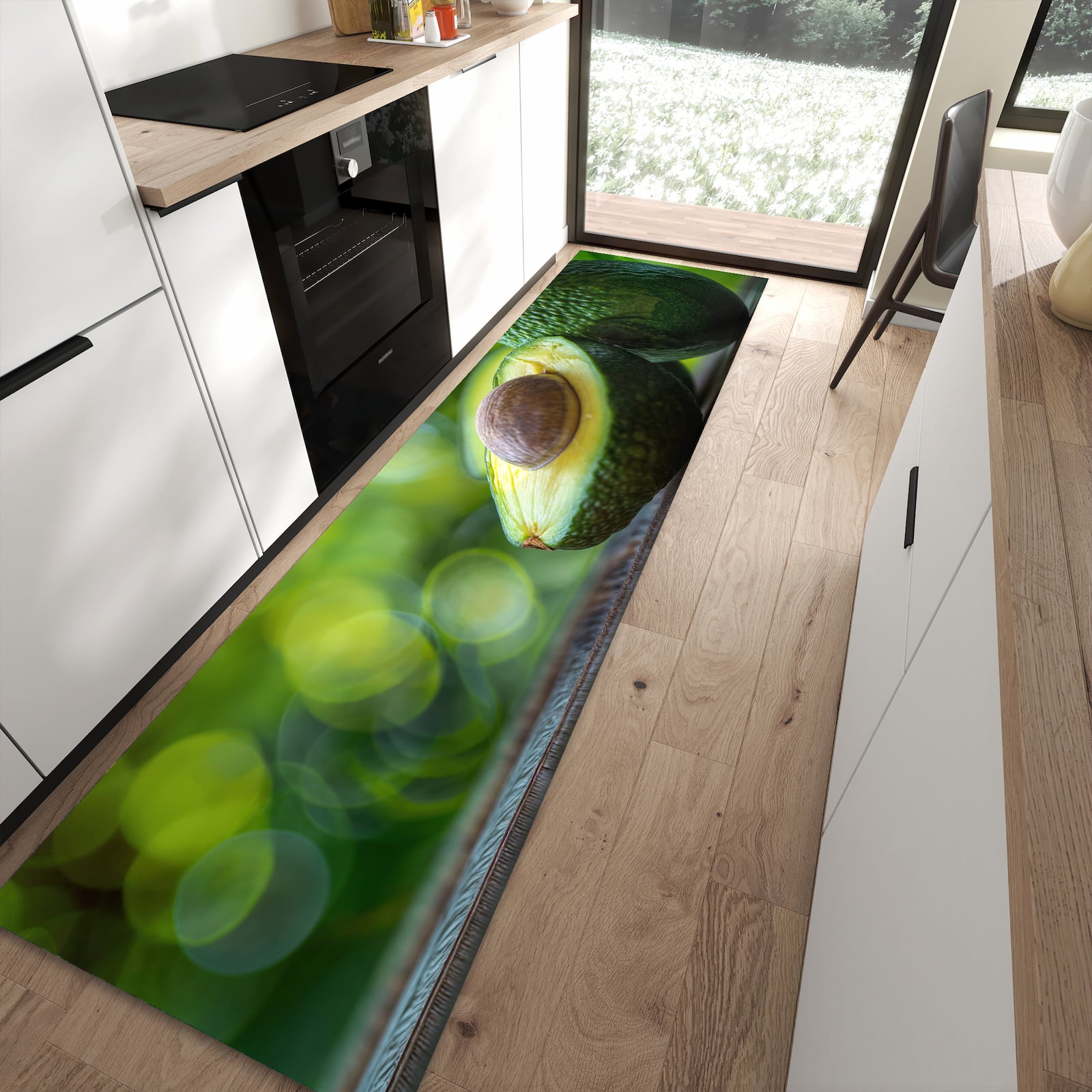 Waschbarer Küchenteppich mit Motiv Avocado Anschnitt in moderner Küche