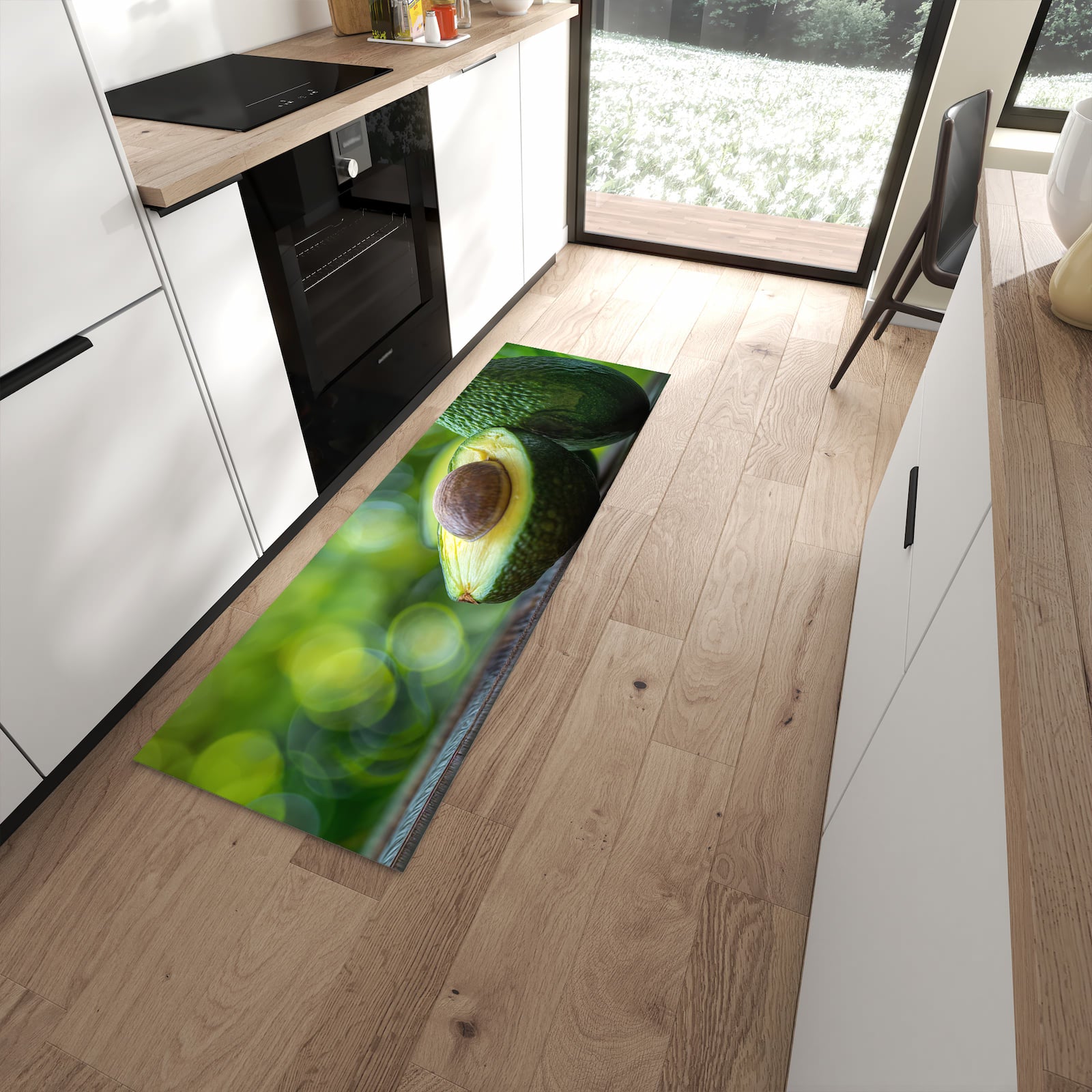 Flacher Küchenteppich mit Motiv Avocado Anschnitt in moderner Küche