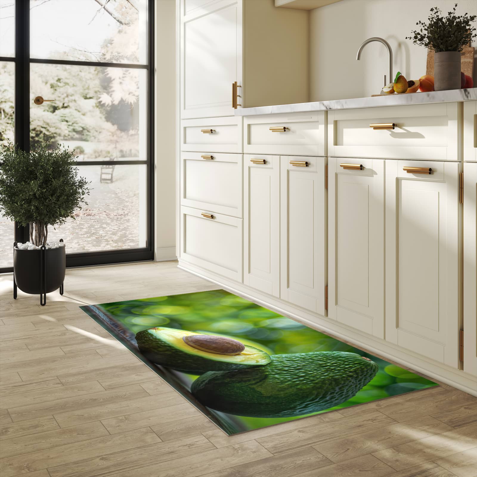Rutschfester Küchenteppich mit Motiv Avocado Anschnitt in heller Küche