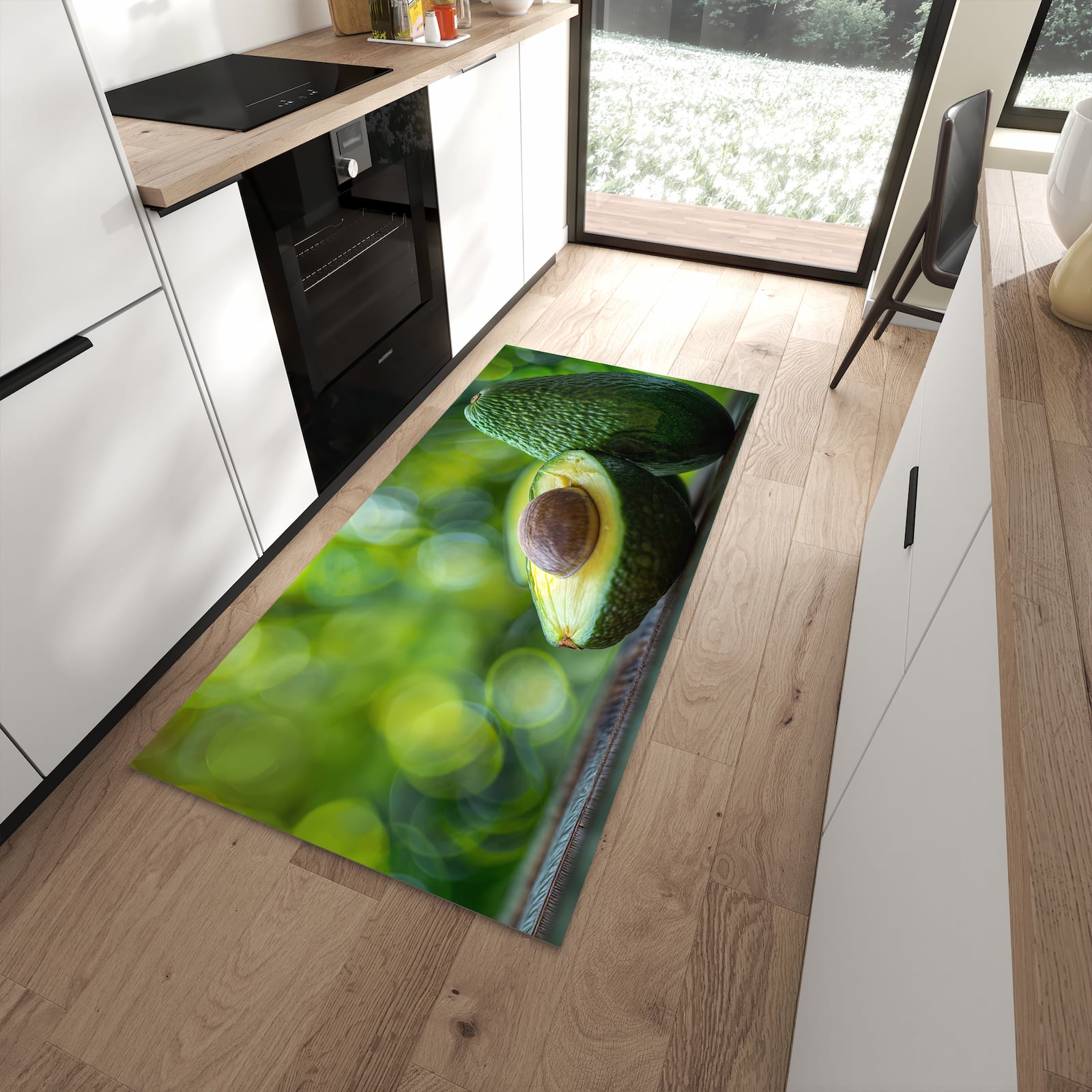Langlebiger Küchenläufer mit Motiv Avocado Anschnitt in moderner Küche