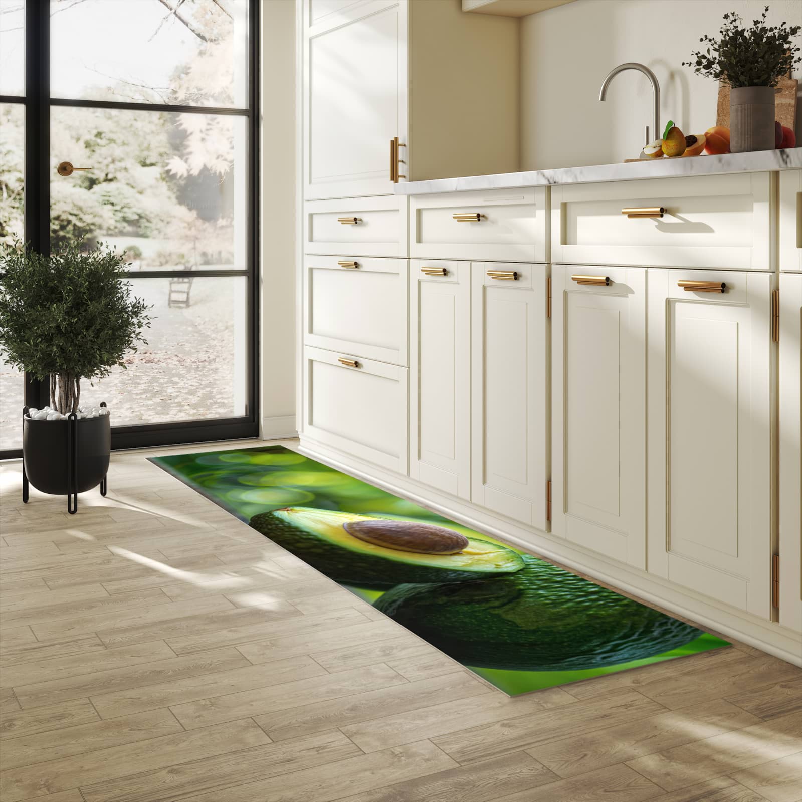 Rutschfester Küchenläufer mit Motiv Avocado Anschnitt in heller Küche