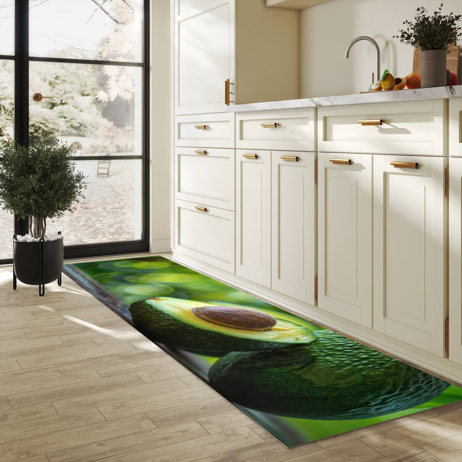Langlebiger Küchenläufer mit Motiv Avocado Anschnitt in heller Küche