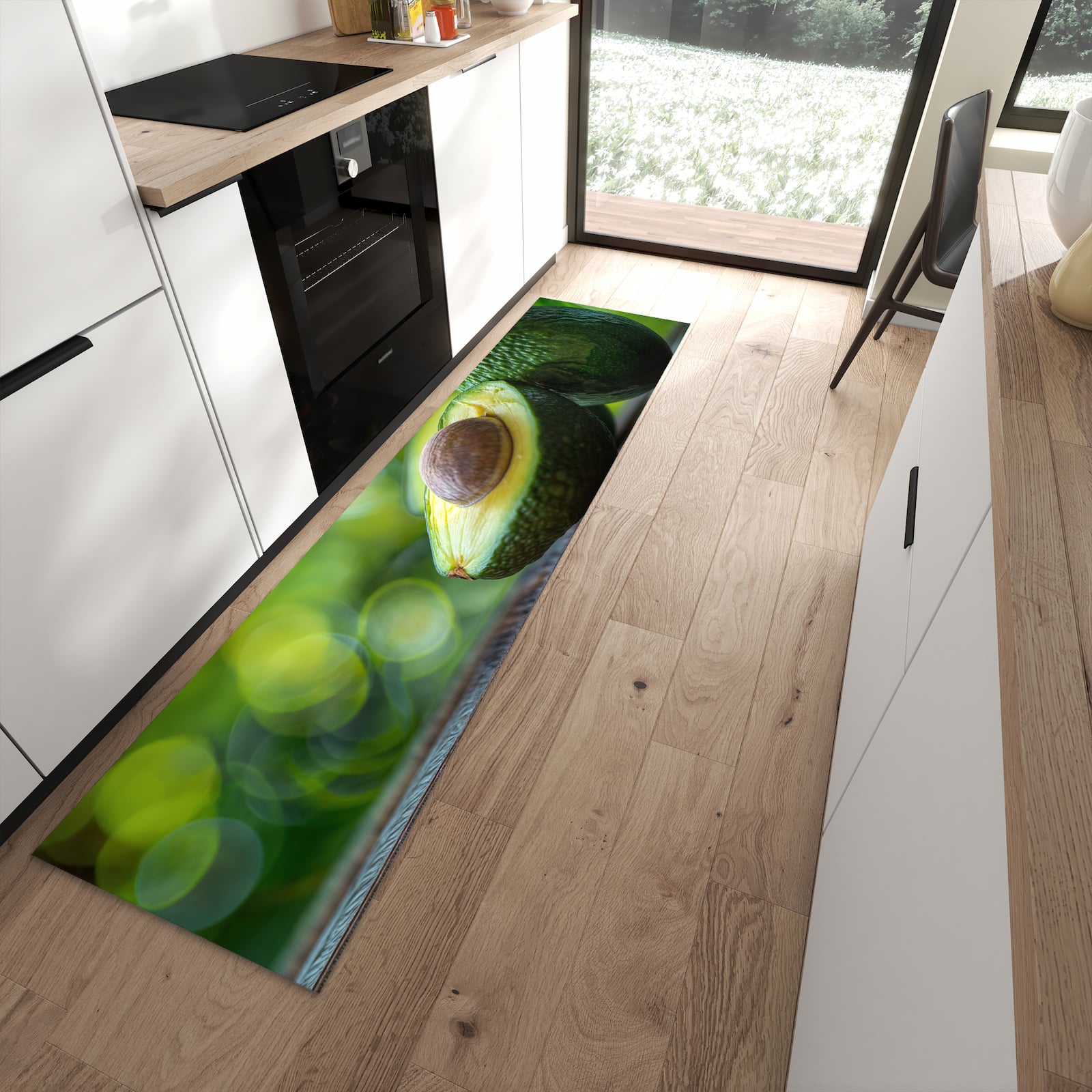 Pflegeleichter Küchenteppich mit Motiv Avocado Anschnitt in moderner Küche