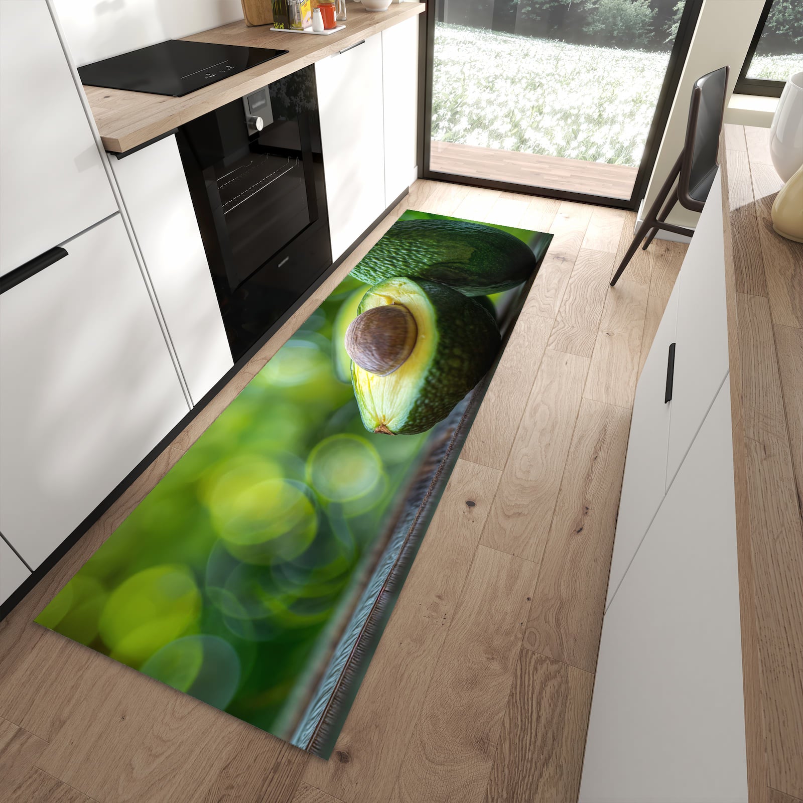 Hygienischer Küchenteppich mit Motiv Avocado Anschnitt in moderner Küche