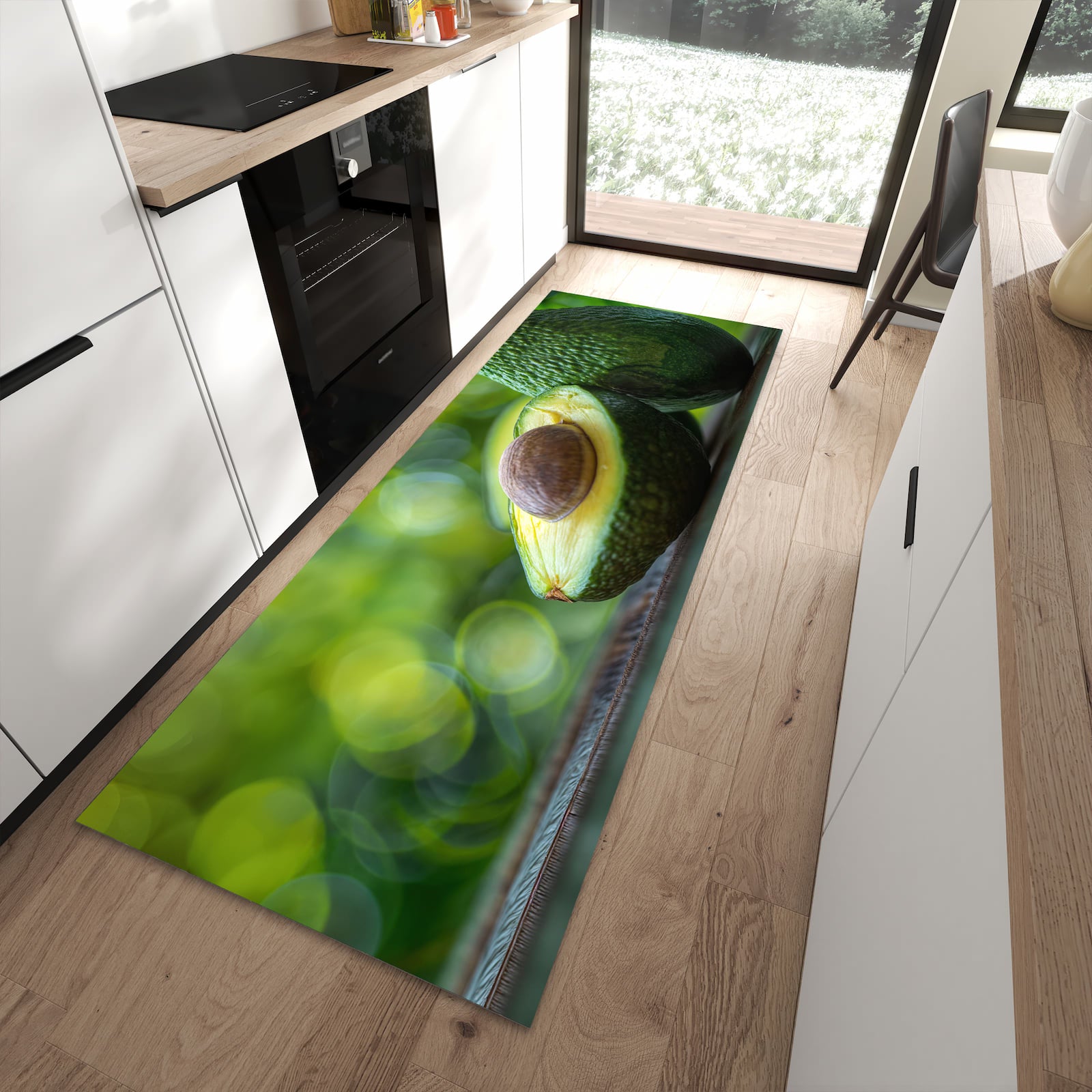Rutschfester Küchenläufer mit Motiv Avocado Anschnitt in moderner Küche