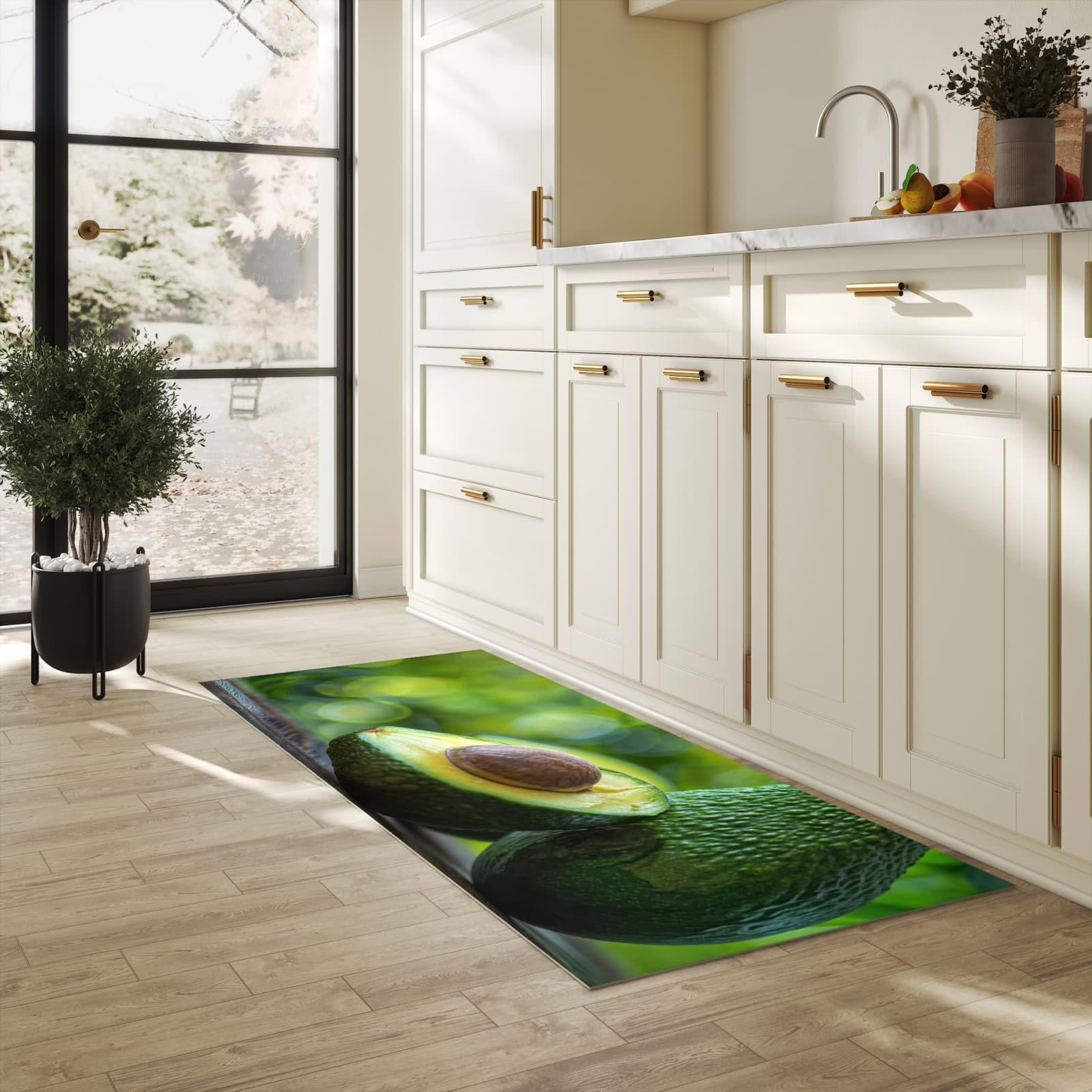 Hygienischer moderner Küchenläufer mit Motiv Avocado Anschnitt in heller Küche