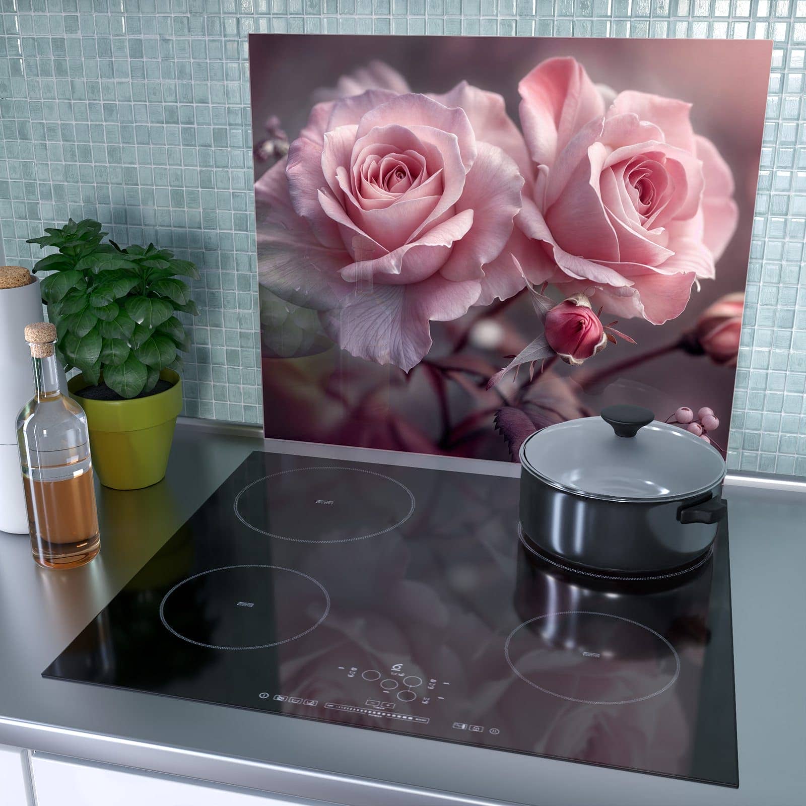 1-teilige Herdabdeckplatte mit Romantische Rosen-Motiv als Spritzschutz hinter dem Kochfeld