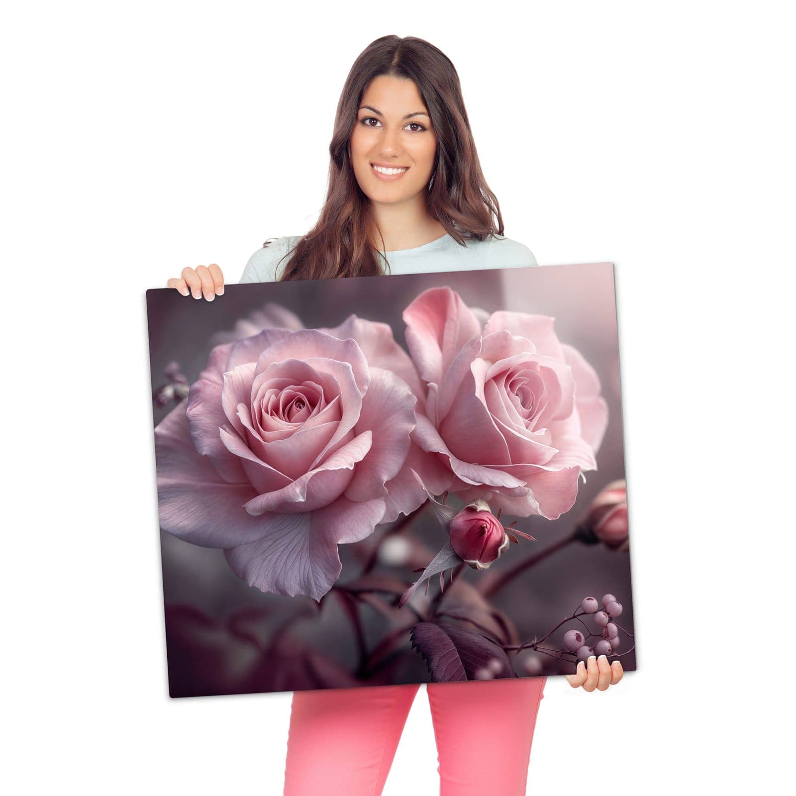 Abdeckplatte für Induktionsherd mit Romantische Rosen-Motiv wird zur Größendarstellung gehalten