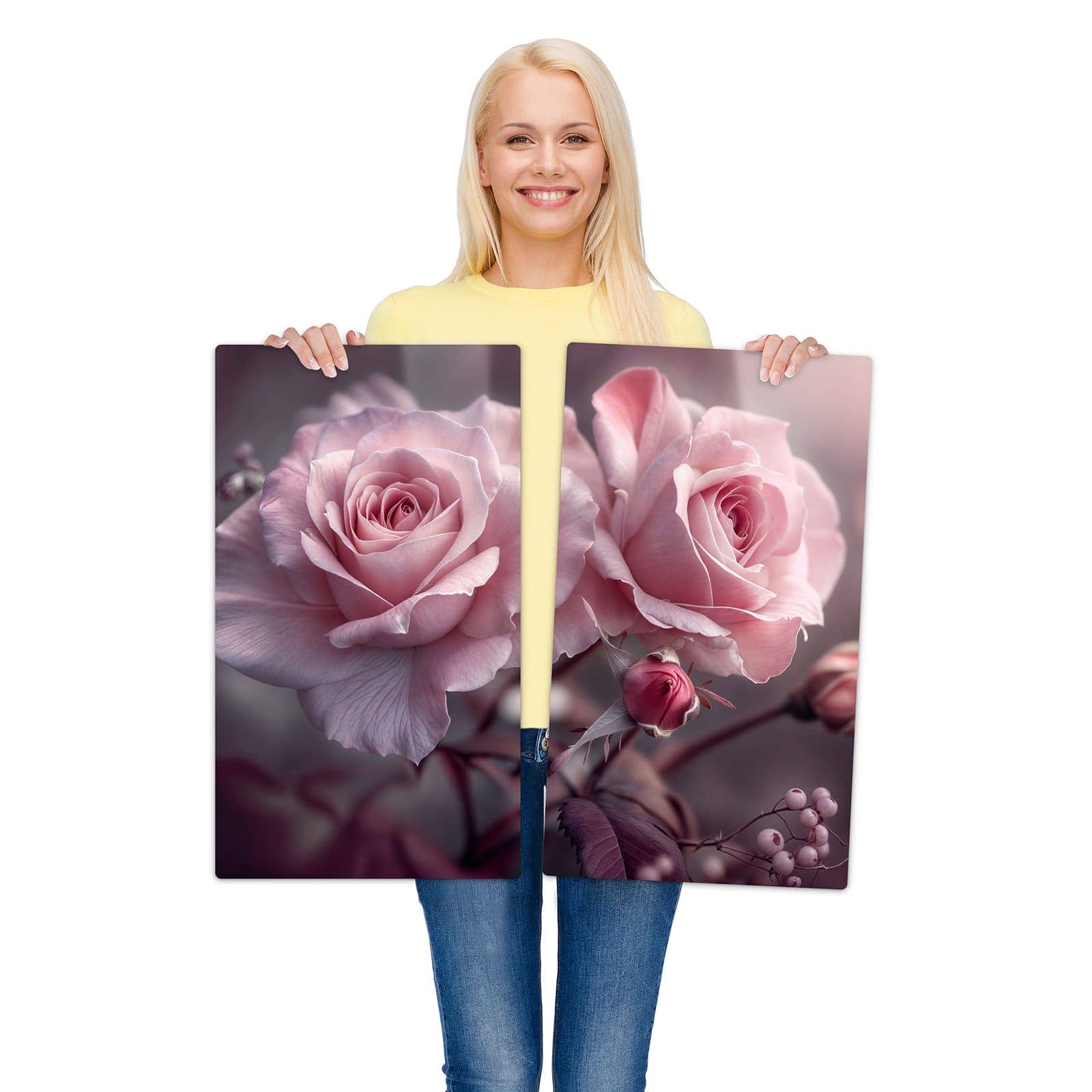 2-teilige Herdabdeckung mit Romantische Rosen-Motiv wird zur Größendarstellung gehalten