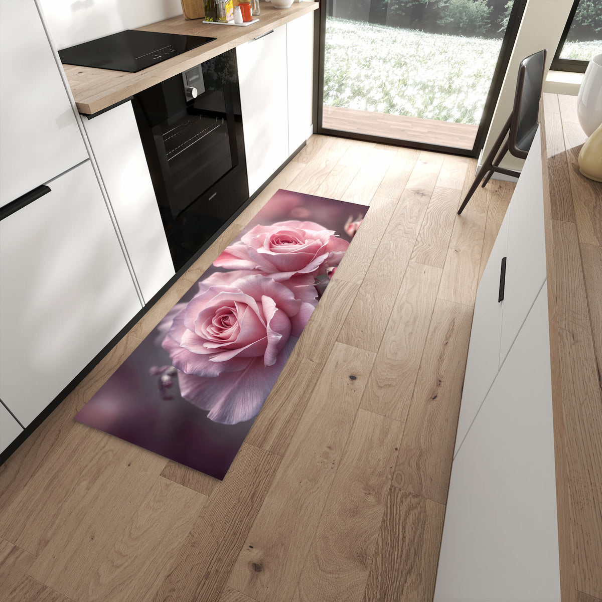 Farbbeständiger waschbarer Küchenläufer mit Motiv Romantische Rosen in moderner Küche