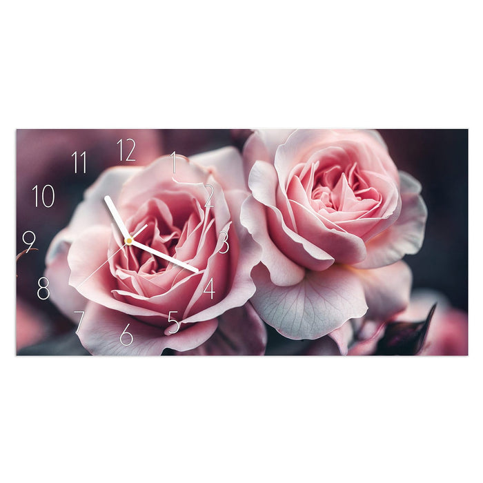 Wanduhr Rosenblüten Duo aus Glas – Querformat 60 × 30 cm mit Ziffernblatt Elegant