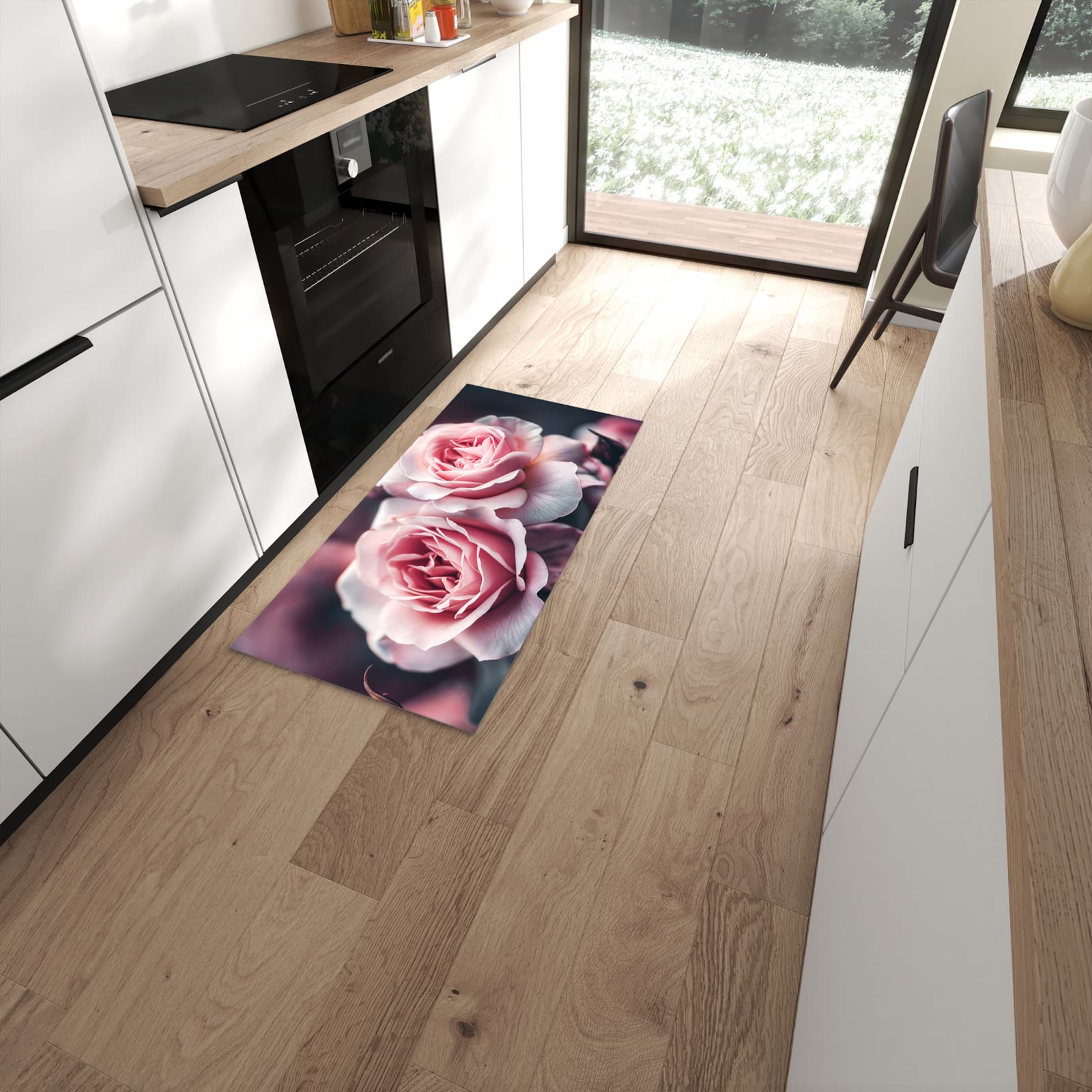 Flacher Küchenteppich mit Motiv Rosenblüten Duo in moderner Küche - waschbar #grösse_60 x 120 cm