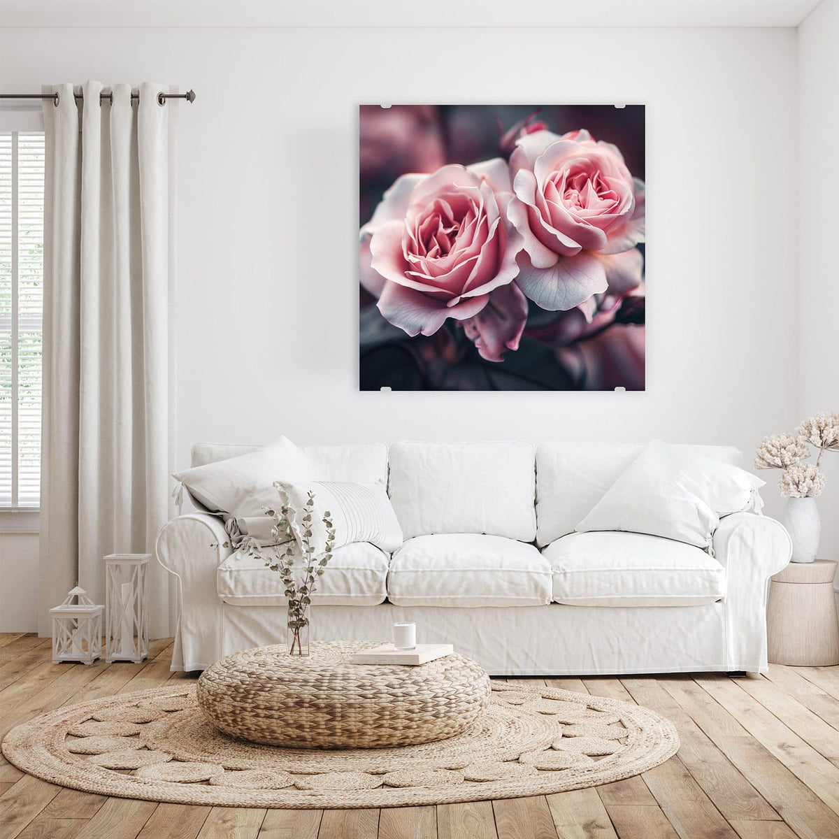 Glasbild Rosenblüten Duo an der Wand – Genau zwei zartrosa Rosen nebeneinander vor dunkelgrauem Grund