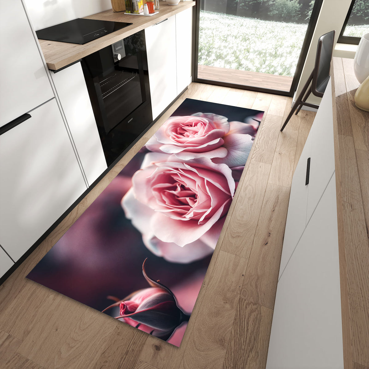 Rutschfester Küchenläufer mit Motiv Rosenblüten Duo schützt Böden in moderner Küche