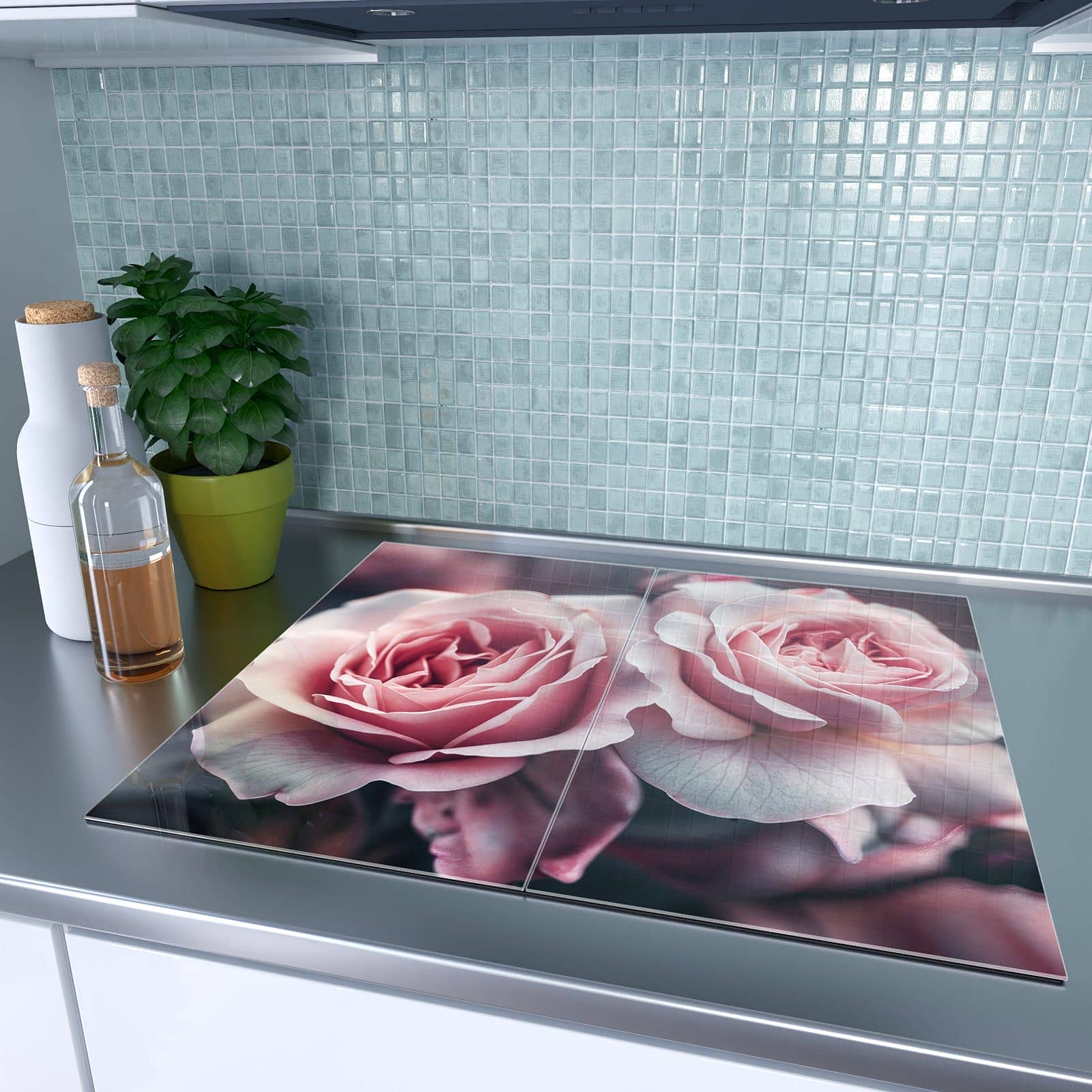 2-teilige Abdeckung für Herdplatten mit Rosenblüten Duo-Motiv auf dem Ceranfeld