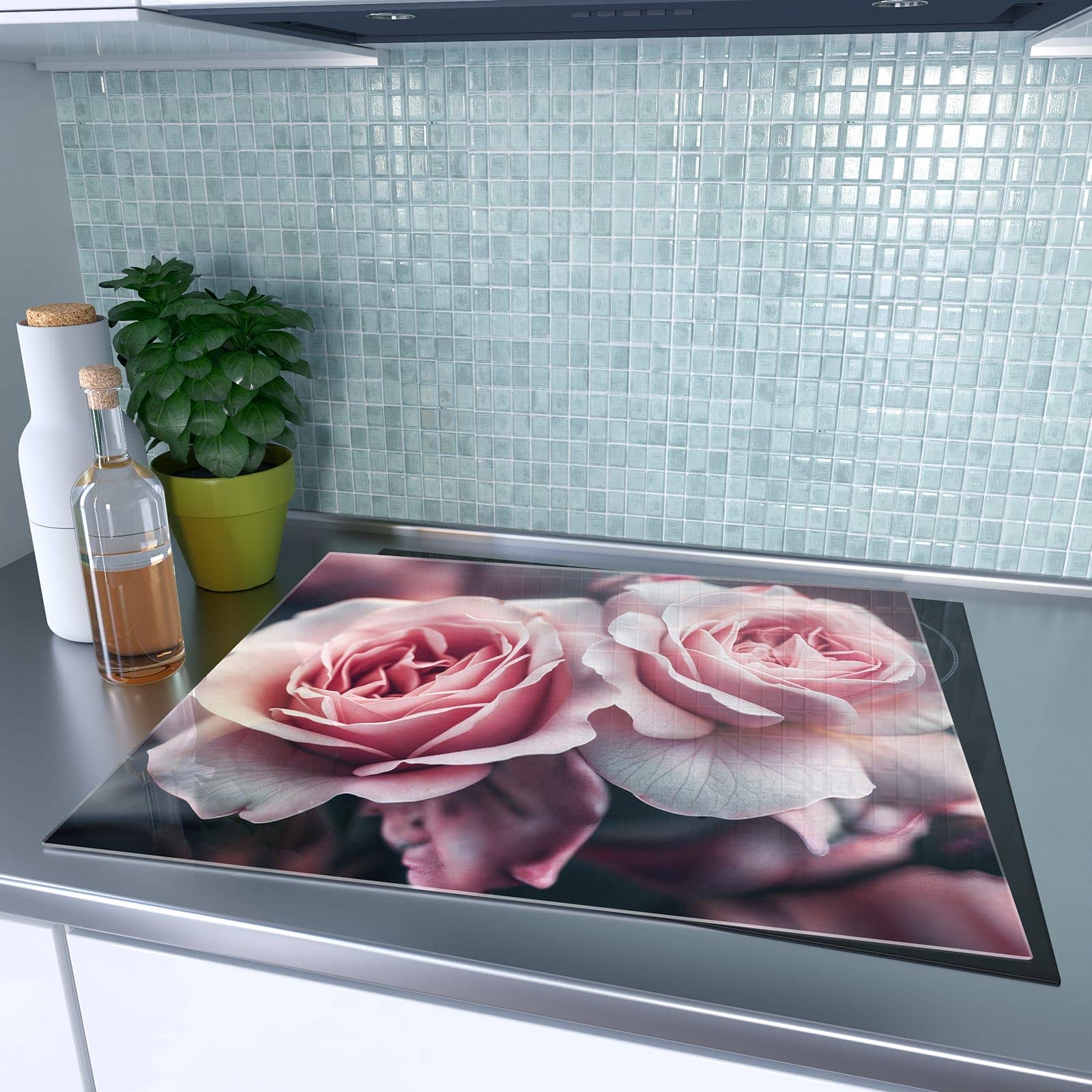 1-teilige Herdabdeckung mit Rosenblüten Duo-Motiv auf dem Ceranfeld