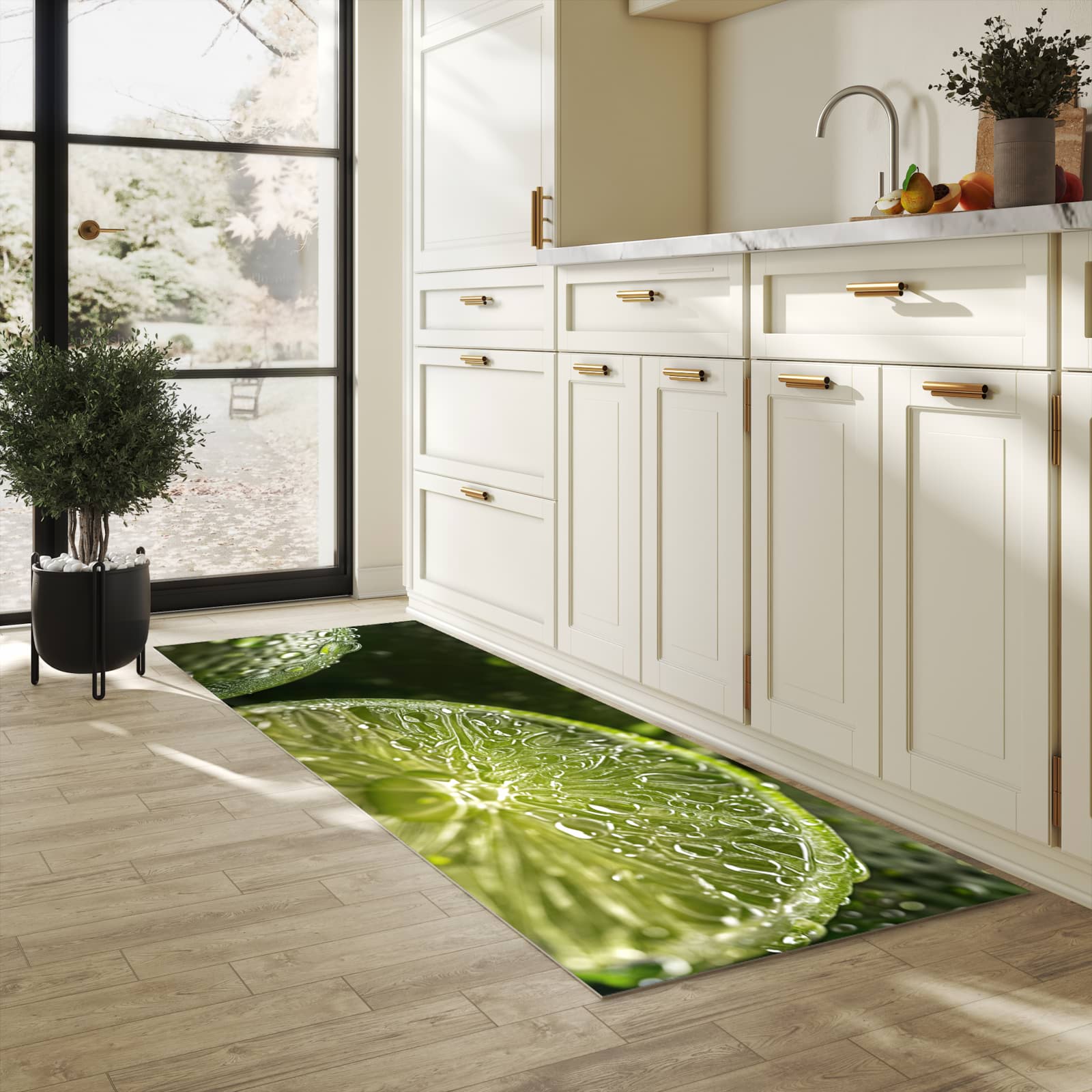 Fleckenresistenter waschbarer Teppich Küche mit Motiv Limetten von Frische in heller Küche