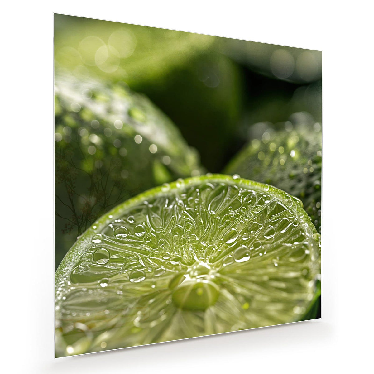 Makro einer aufgeschnittenen Limettenhälfte voller Wassertropfen, dahinter unscharfe grüne Limetten