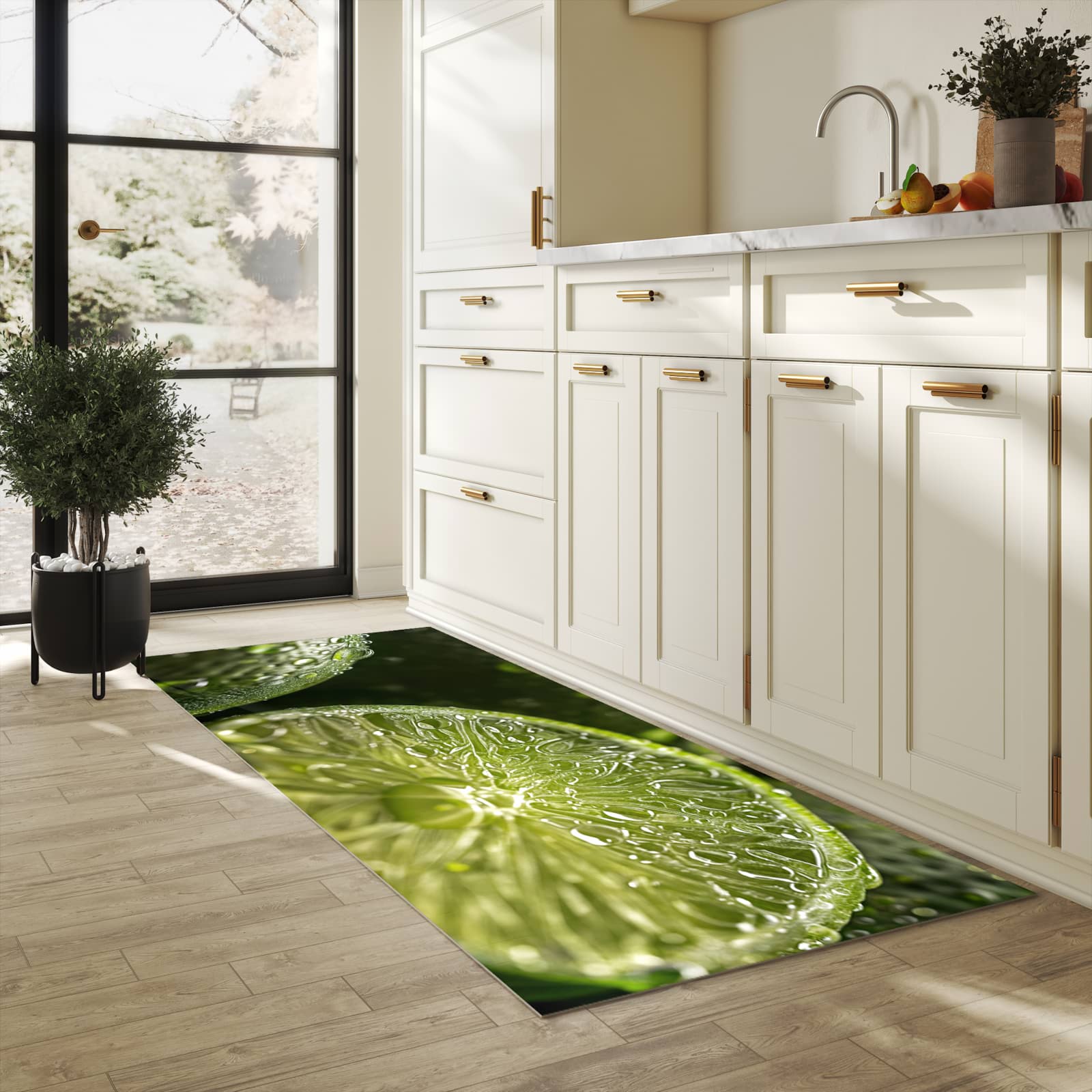 Flacher waschbarer Läufer für die Küche mit Motiv Limetten von Frische in heller Küche