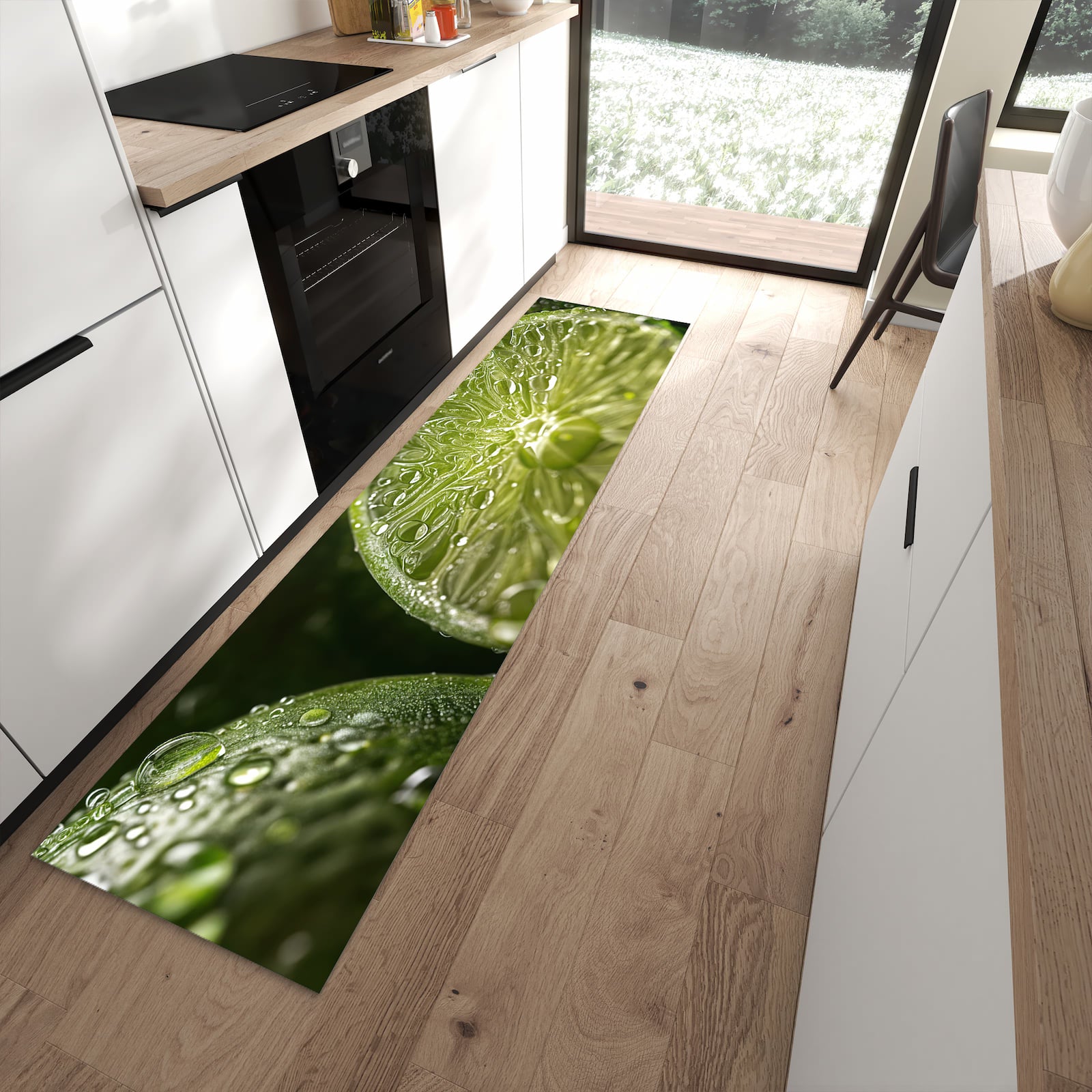 Zeitsparender rutschfester Läufer mit Motiv Limetten von Frische in moderner Küche