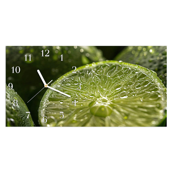 Wanduhr Limetten mit Wassertropfen aus Glas – Querformat 60 × 30 cm mit Ziffernblatt Klassisch
