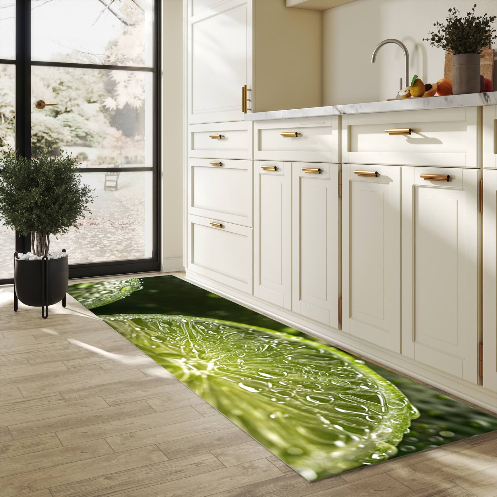 Geruchsneutraler Küchenläufer mit Motiv Limetten von Frische in heller Küche