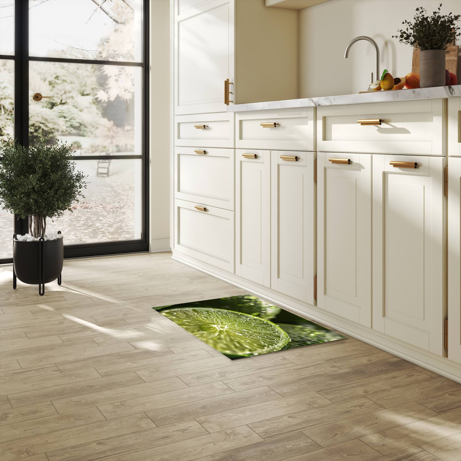 Küchenteppich mit Motiv Limetten von Frische für Trittkomfort in heller Küche