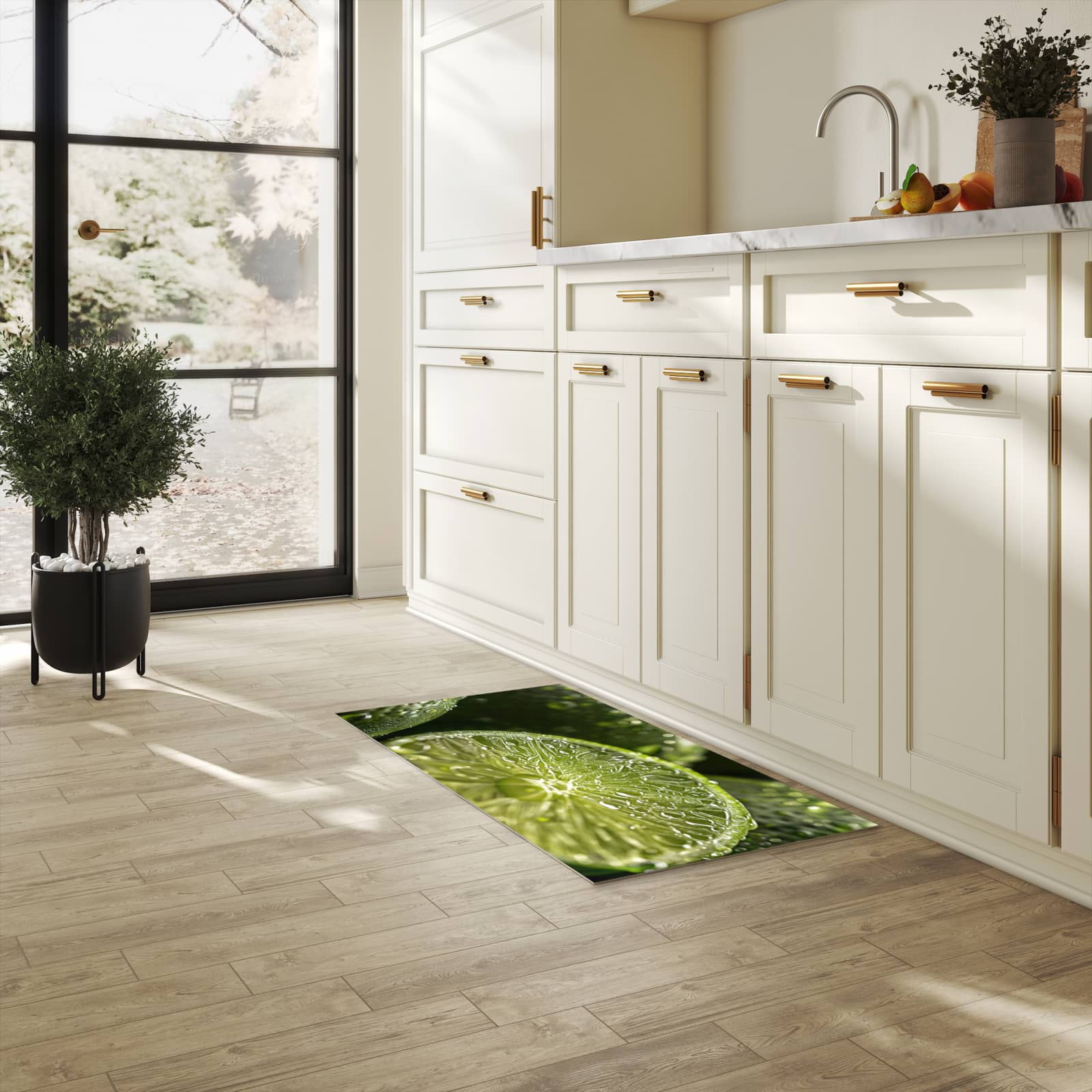 Strapazierfähiger Küchenteppich mit Motiv Limetten von Frische in heller Küche