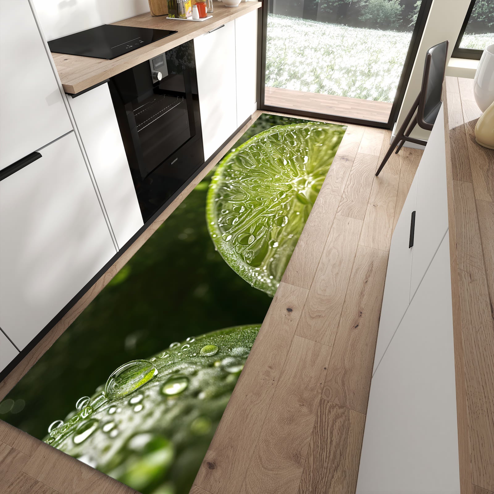 Schmutzabweisender Bodenläufer mit Motiv Limetten von Frische in moderner Küche