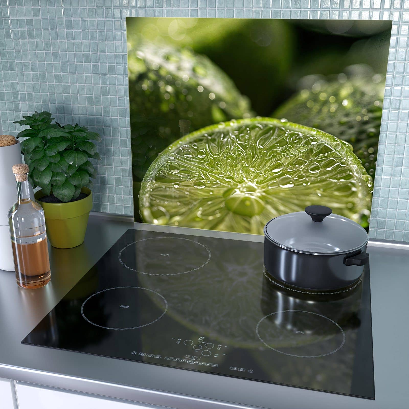 1-teilige Herdabdeckung aus Glas mit Limetten mit Wassertropfen-Motiv als Spritzschutz hinter dem Kochfeld