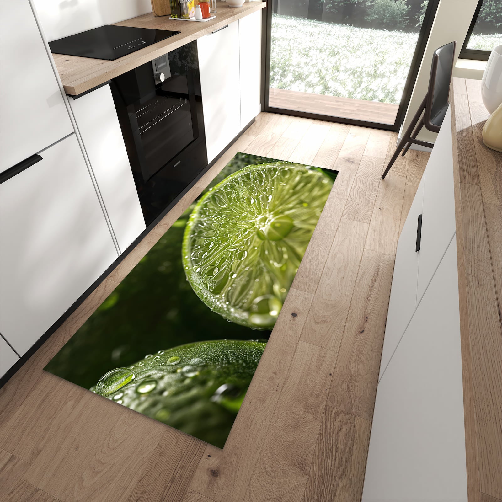 Küchenteppich mit Motiv Limetten von Frische für Trittkomfort in moderner Küche, waschbar