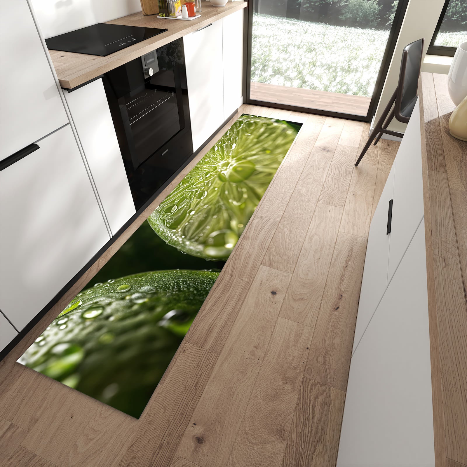 Geräuschdämpfender dünner Teppich mit Motiv Limetten von Frische in moderner Küche