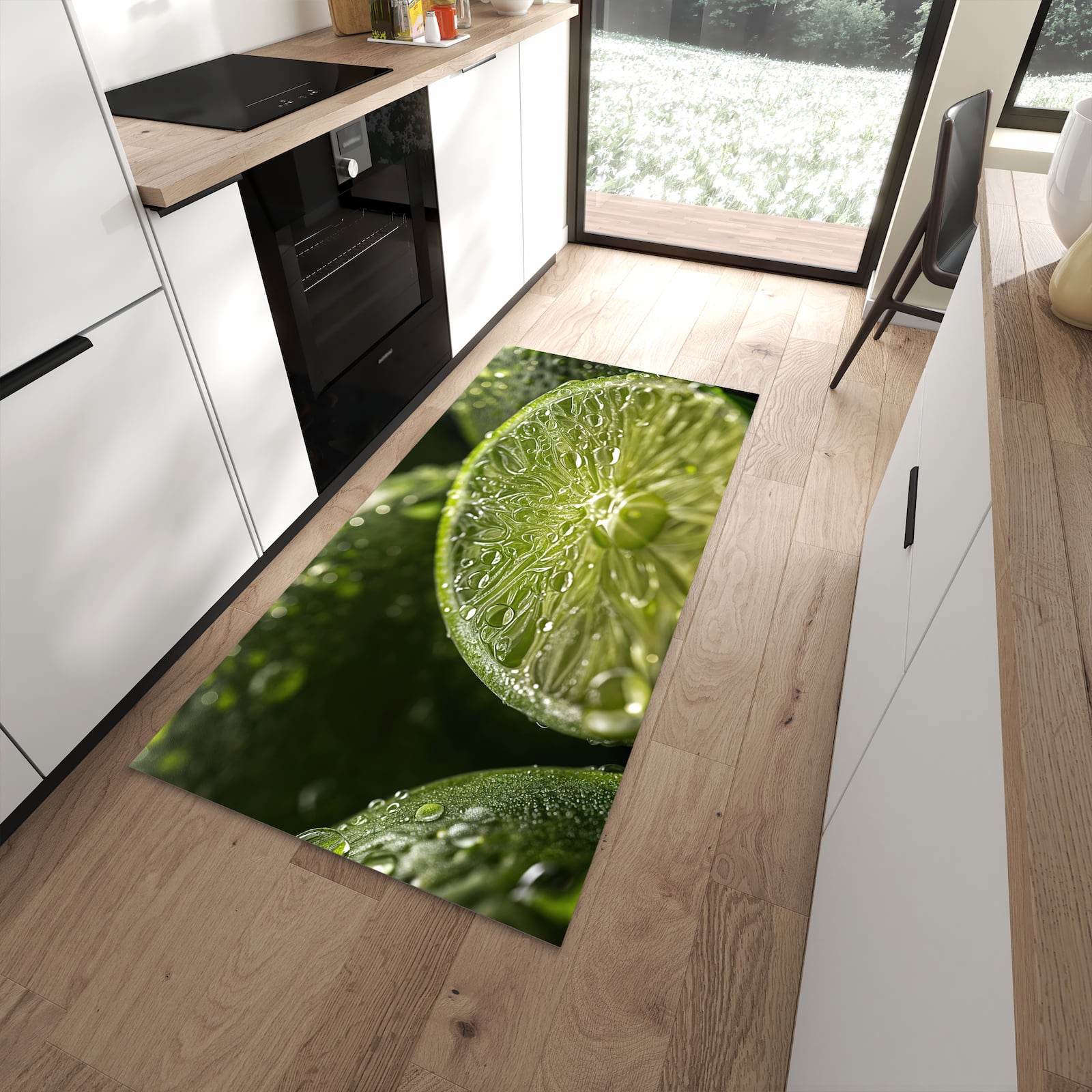 Geruchsneutraler Bodenläufer Teppich mit Motiv Limetten von Frische in moderner Küche