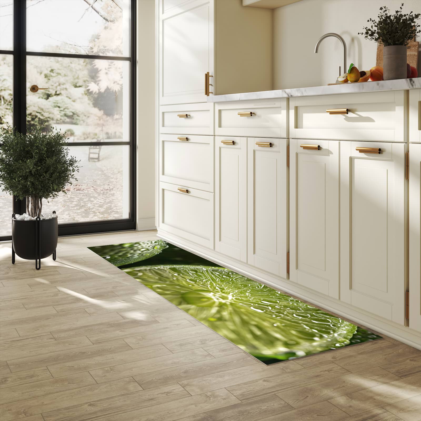 Rutschfester Küchenteppich mit Motiv Limetten von Frische in heller Küche