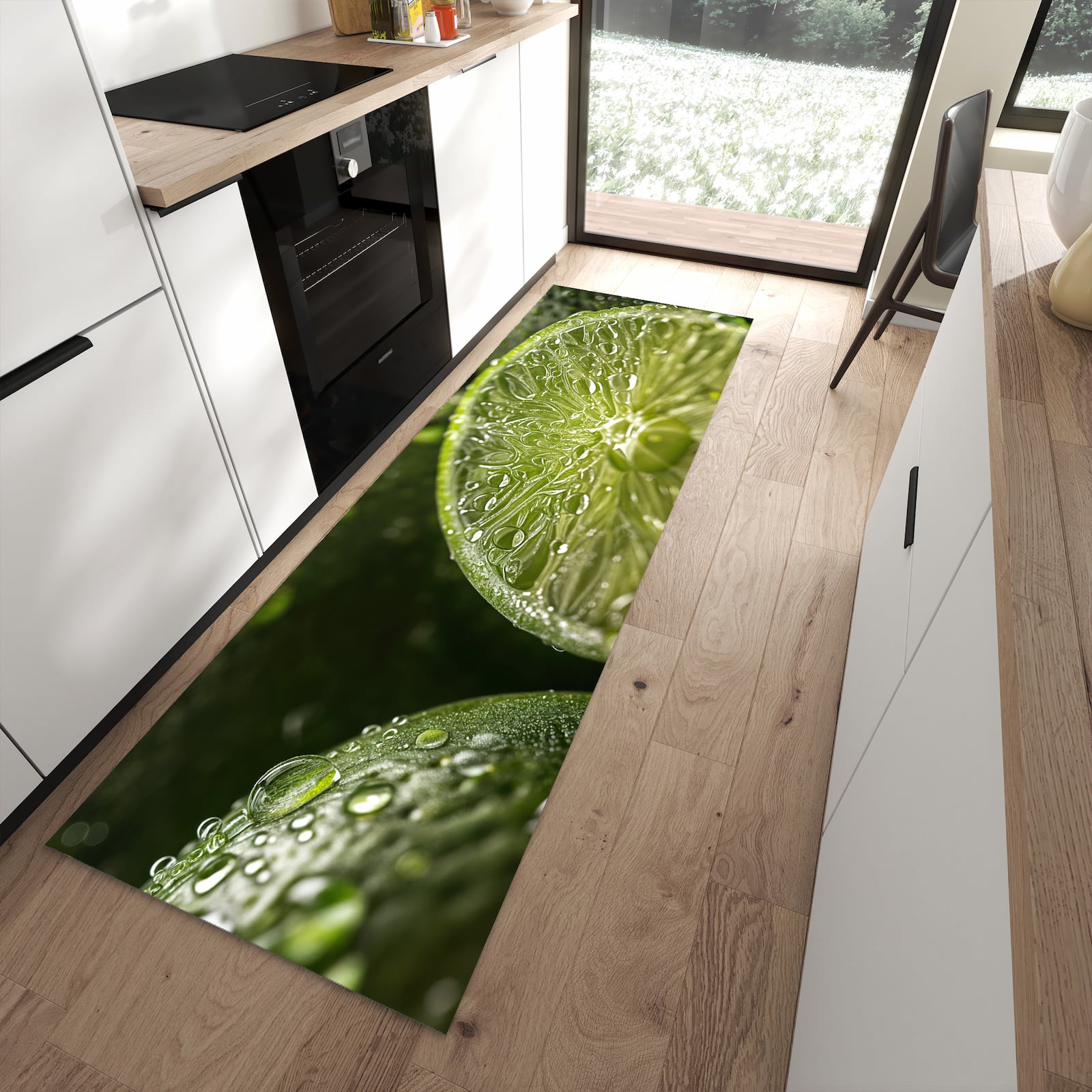 Wasserabweisender Teppich für Esstisch mit Motiv Limetten von Frische in moderner Küche