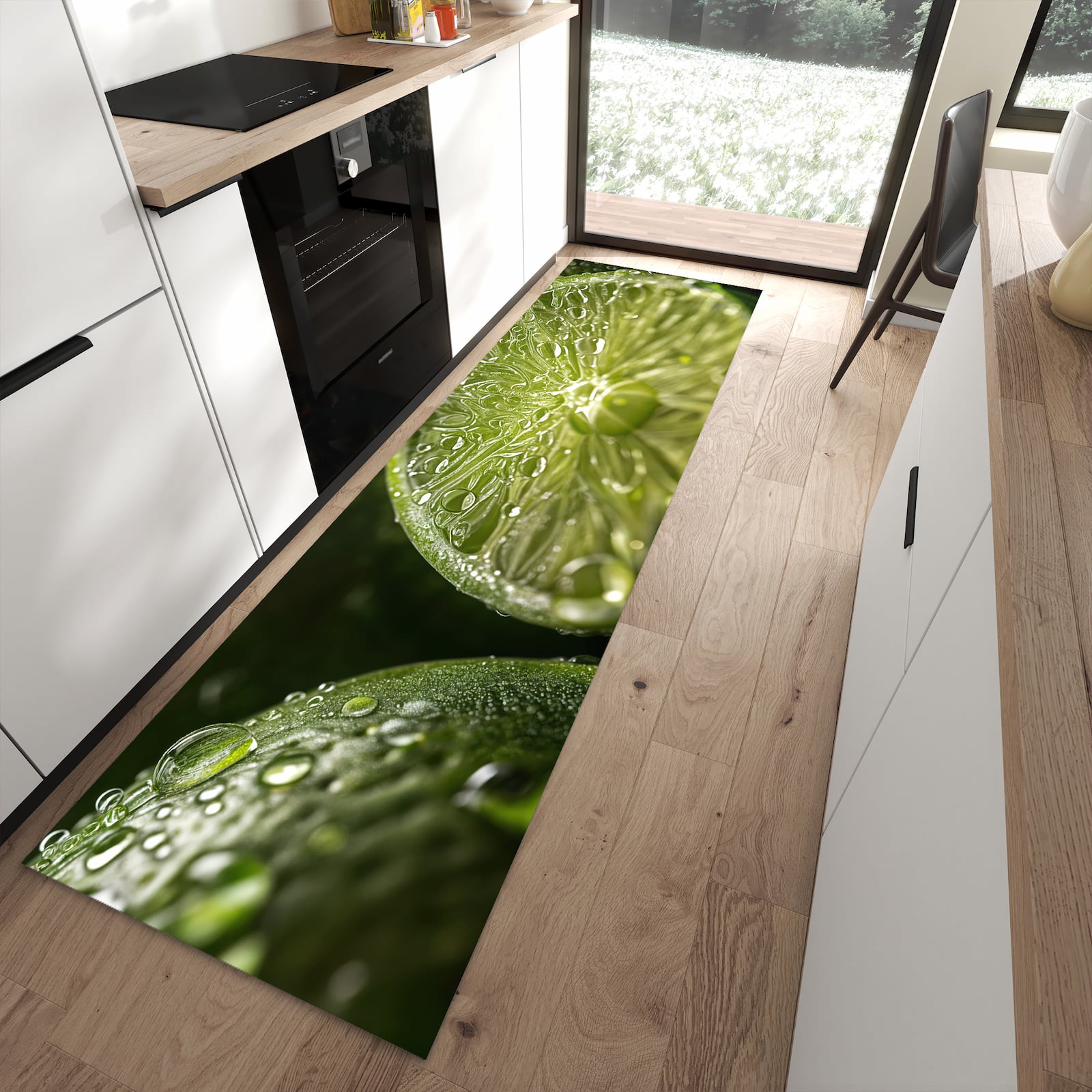 Fleckenresistenter rutschfester Küchenteppich mit Motiv Limetten von Frische in moderner Küche