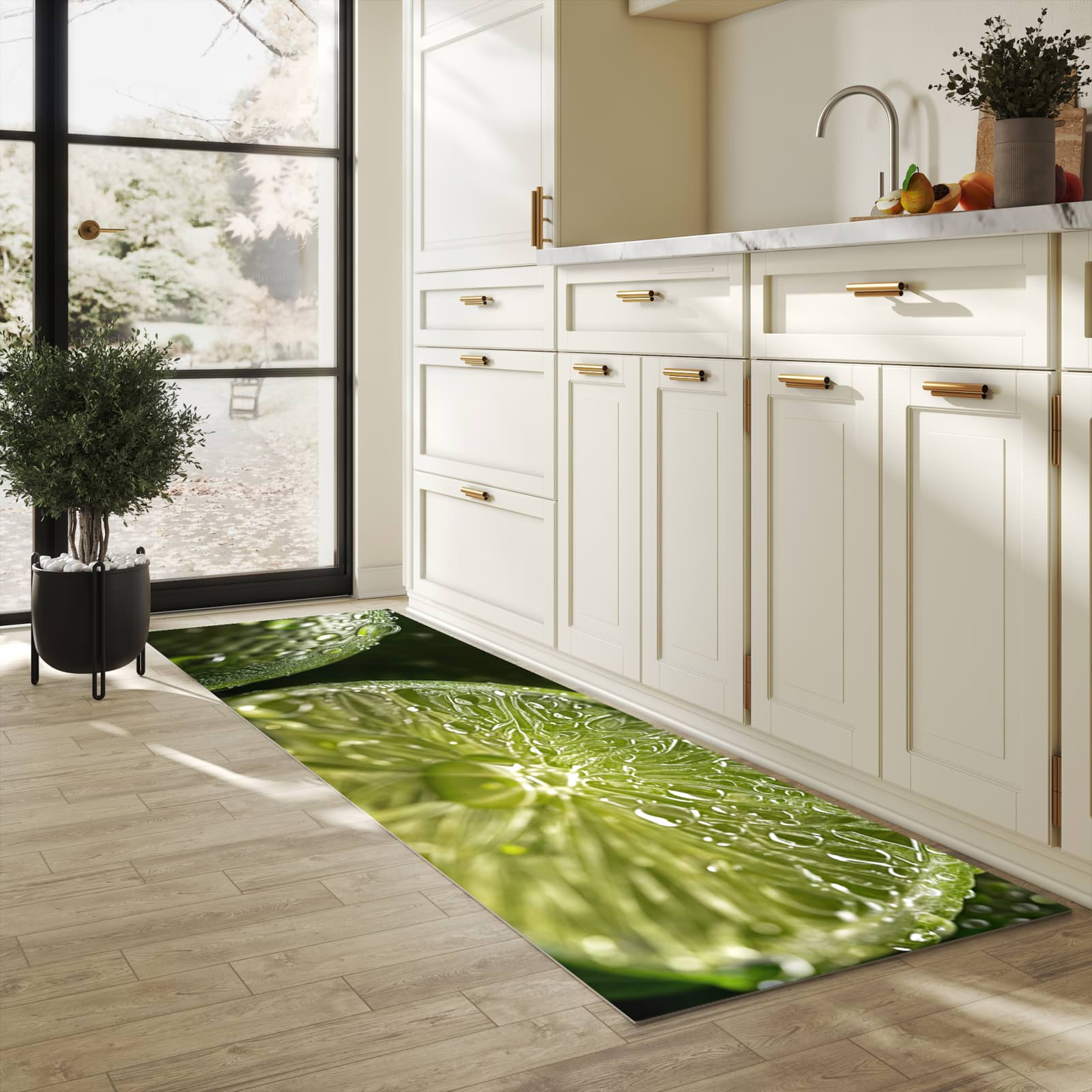 Schmutzabweisender Küchenläufer mit Motiv Limetten von Frische in heller Küche