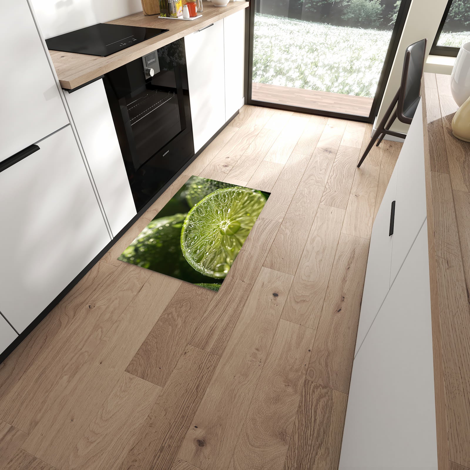 UV-beständiger waschbarer Küchenteppich mit Motiv Limetten von Frische in moderner Küche