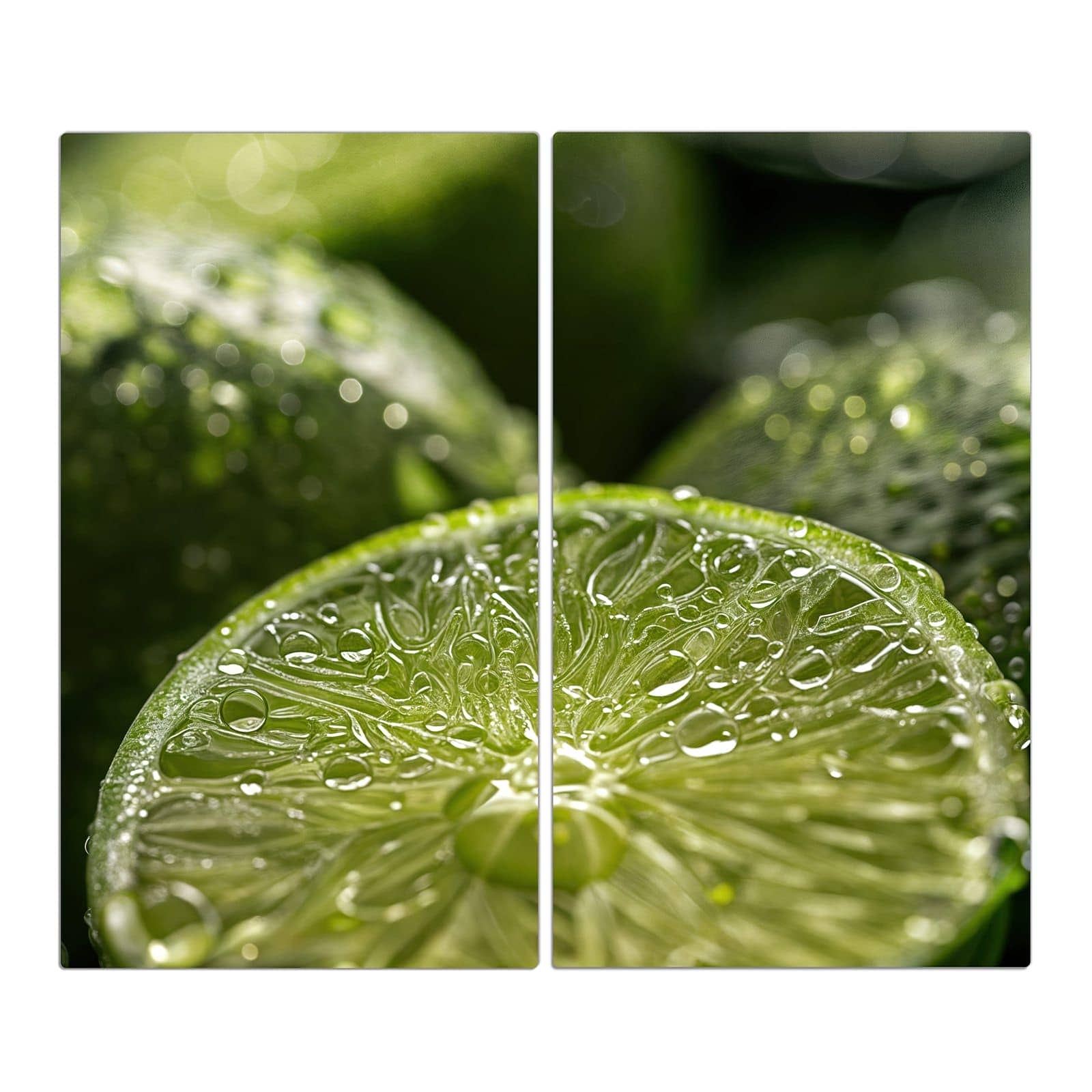 2-teilige Herdabdeckplatte Induktion mit Limetten mit Wassertropfen-Motiv in der Frontansicht #grösse_2-Teilig (60x52cm)