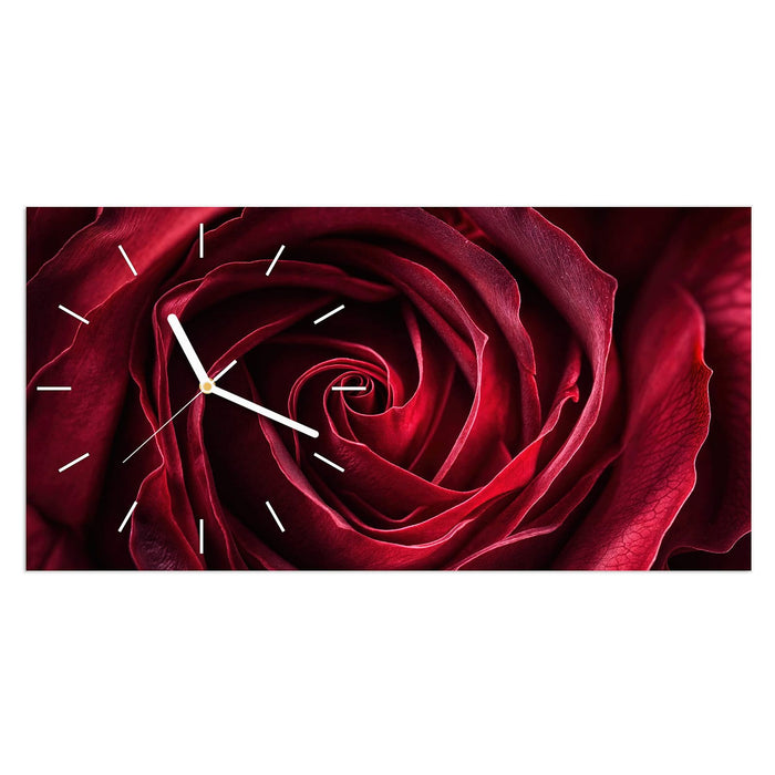 Wanduhr Rose Makroaufnahme aus Glas – Querformat 60 × 30 cm mit Ziffernblatt Linie