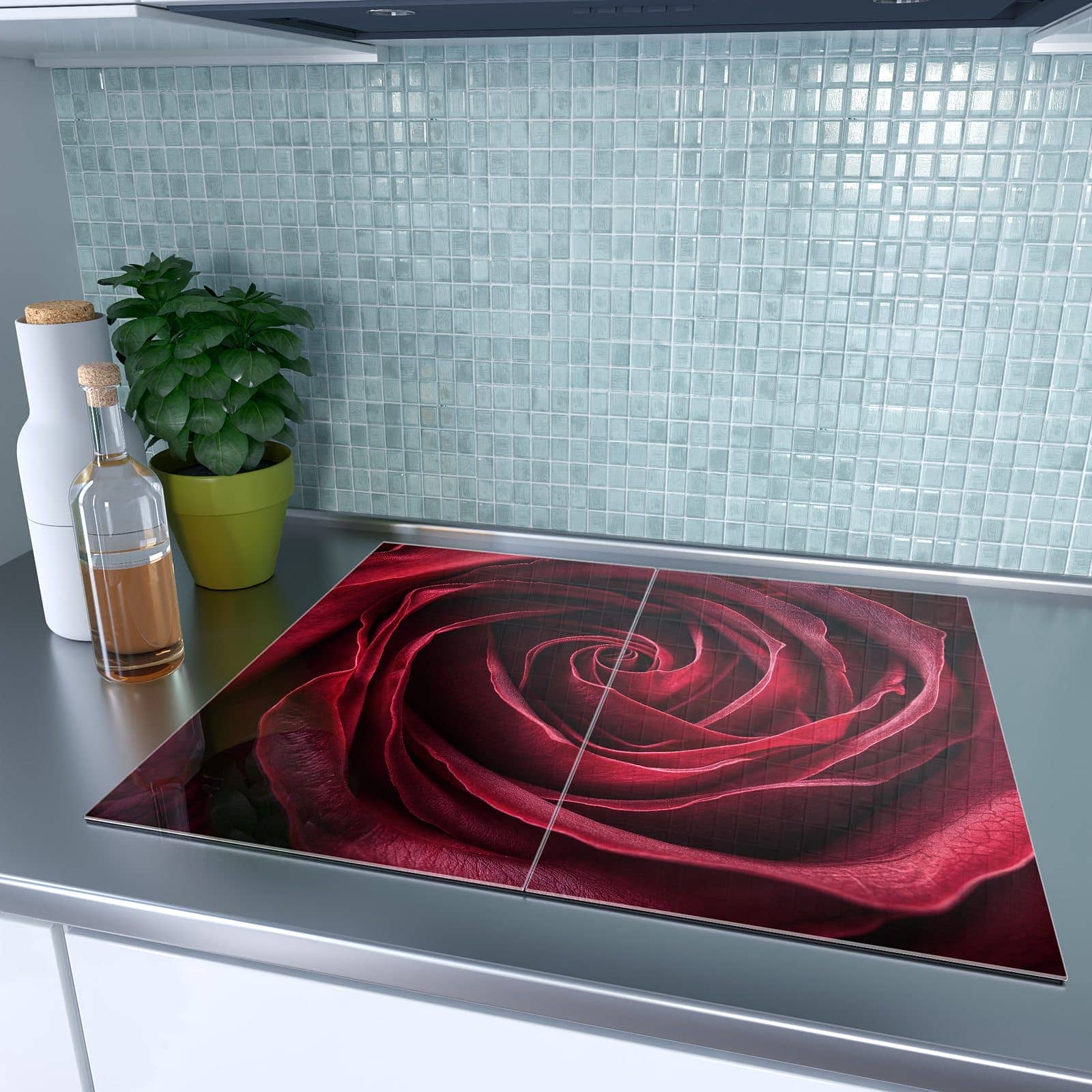 2-teilige Herdabdeckplatte mit Rose Makroaufnahme-Motiv auf dem Ceranfeld